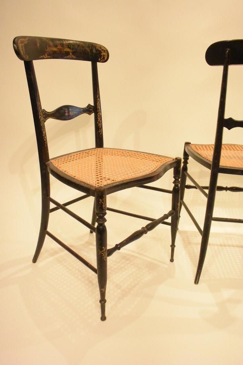 Wood Pair of French Side Chairs with Chinoiserie Details For Sale