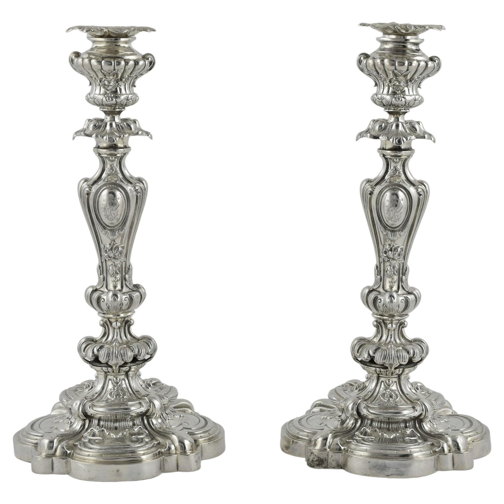 A pair of French silver 19th C Candle sticks  For Sale