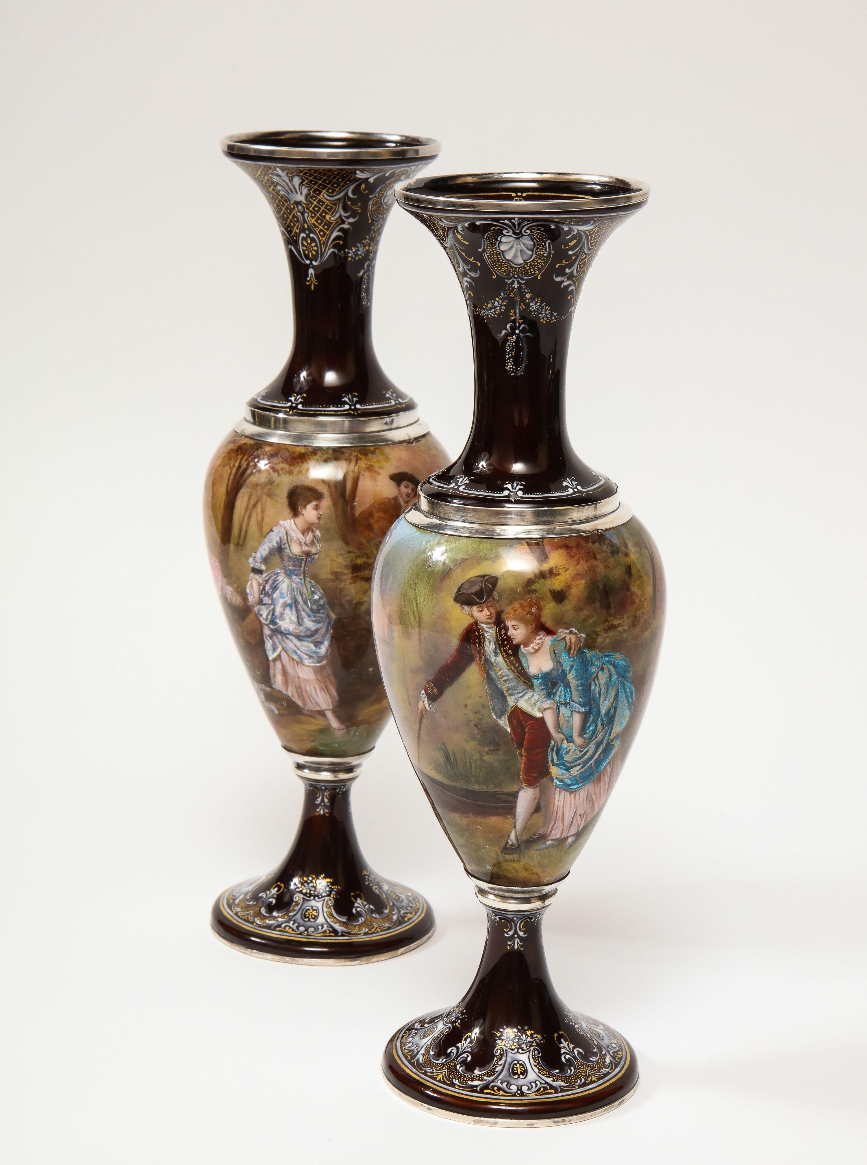 Pair of French Silver & Limoges Enamel Vases, Retailed by Tiffany & Co. In Good Condition In New York, NY