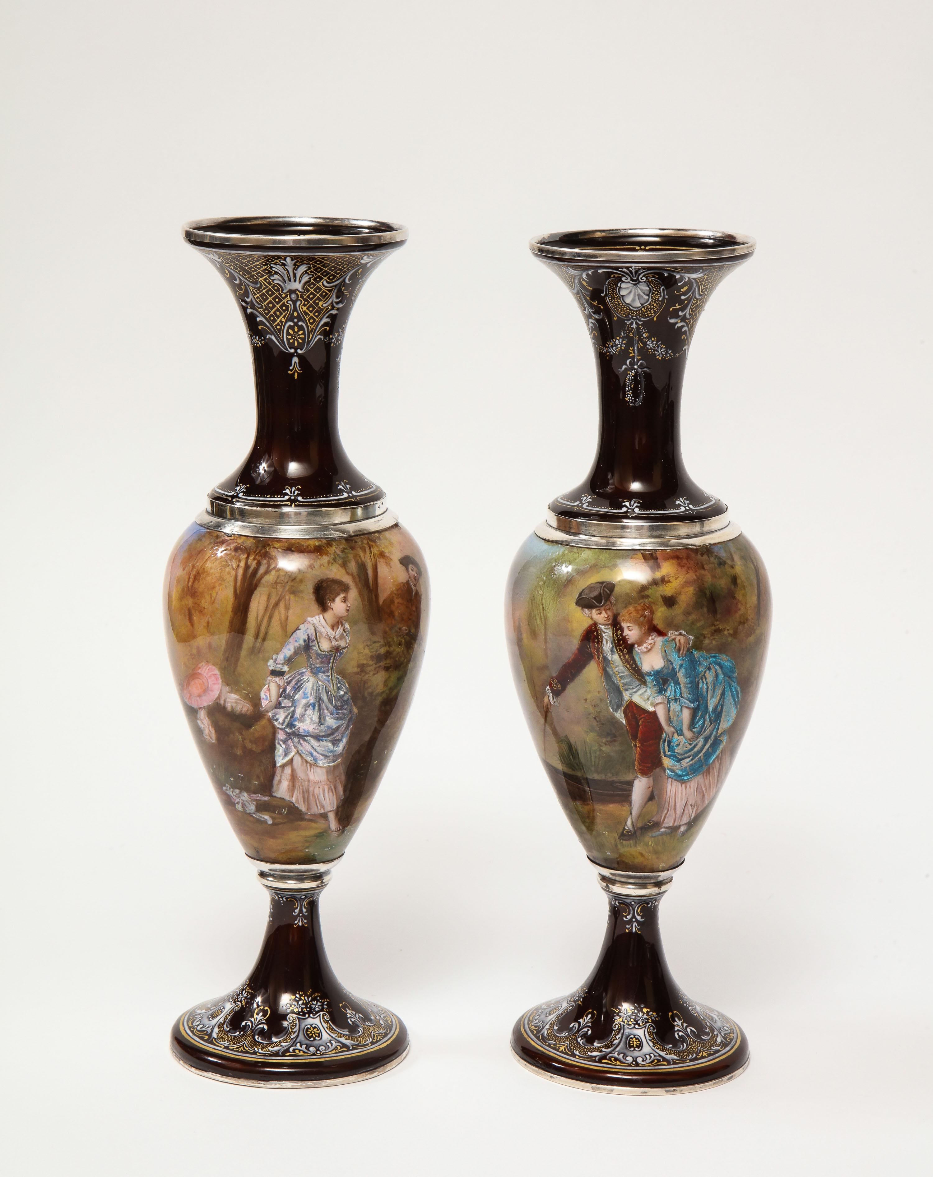 19th Century Pair of French Silver & Limoges Enamel Vases, Retailed by Tiffany & Co.