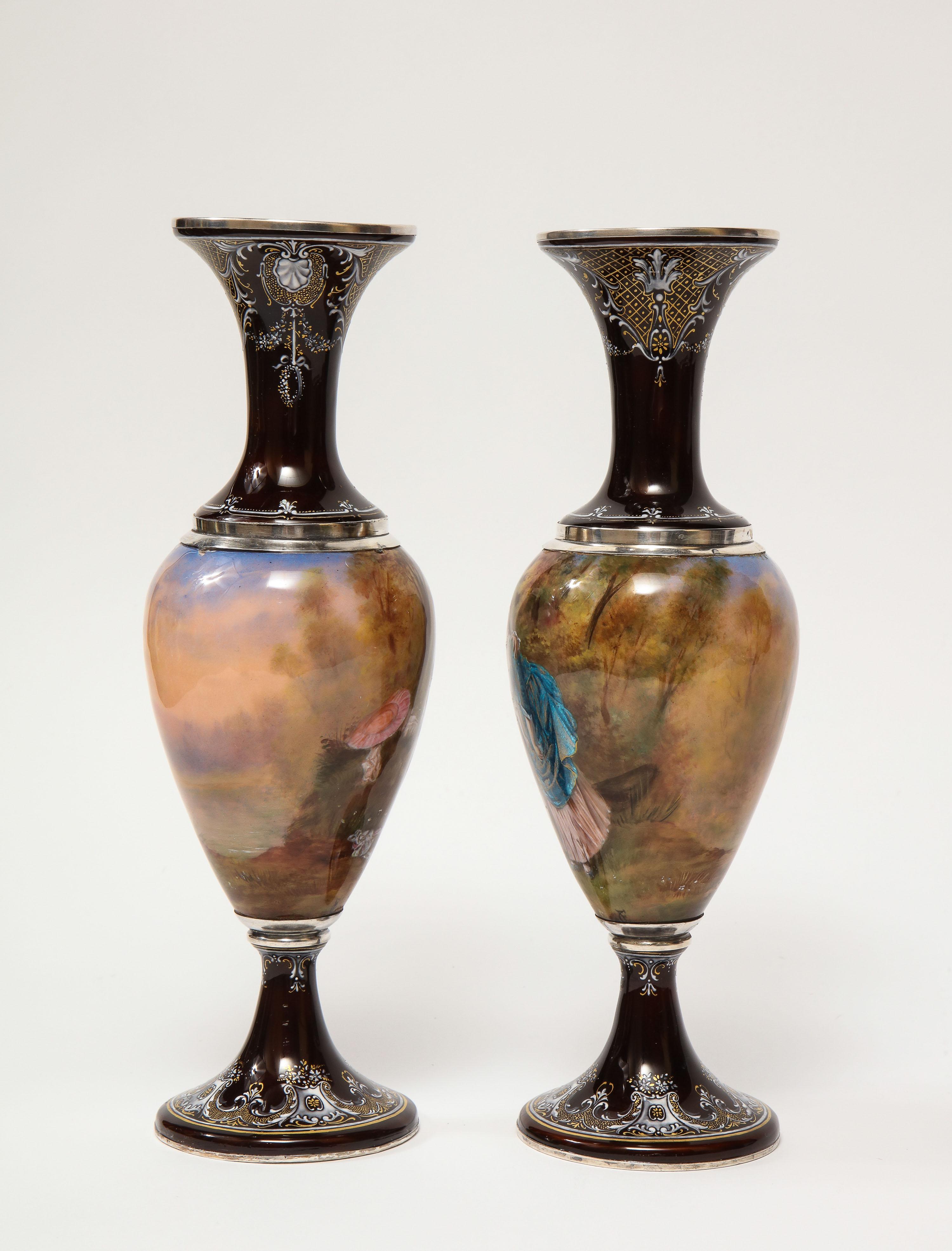 Pair of French Silver & Limoges Enamel Vases, Retailed by Tiffany & Co. 1