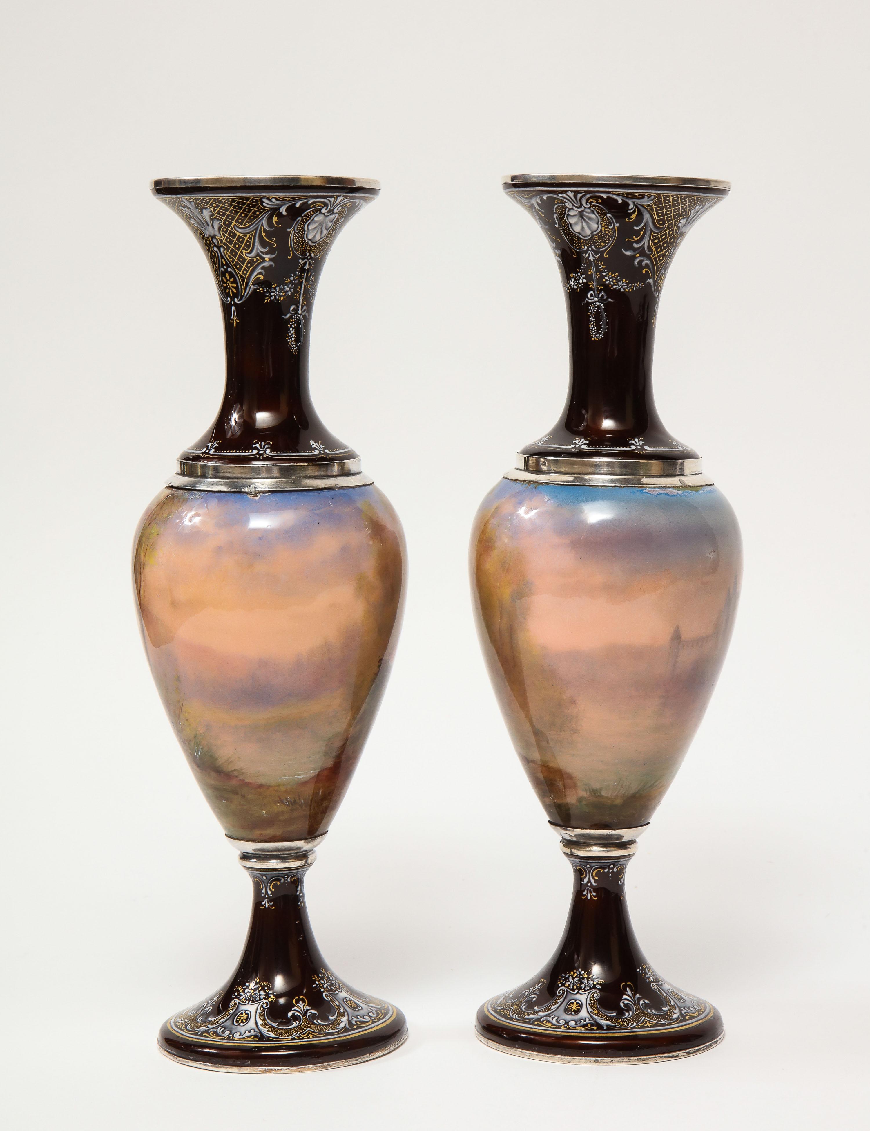 Pair of French Silver & Limoges Enamel Vases, Retailed by Tiffany & Co. 2