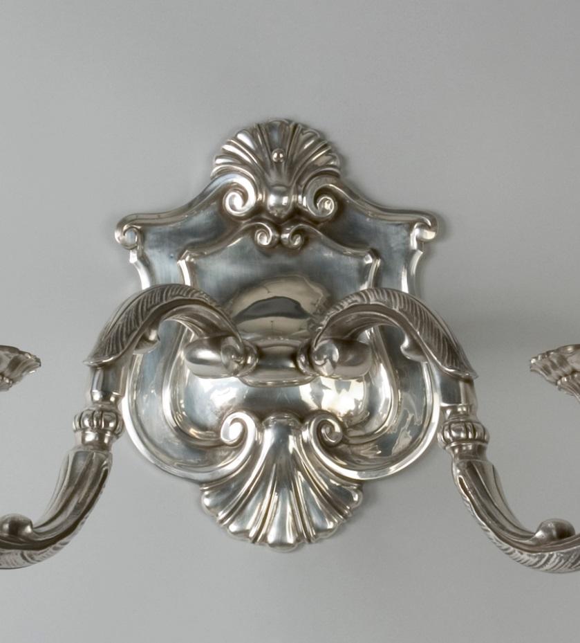 Cast French Silverplate Shield Back Sconces with Rococo Shell Details, Circa 1910 For Sale