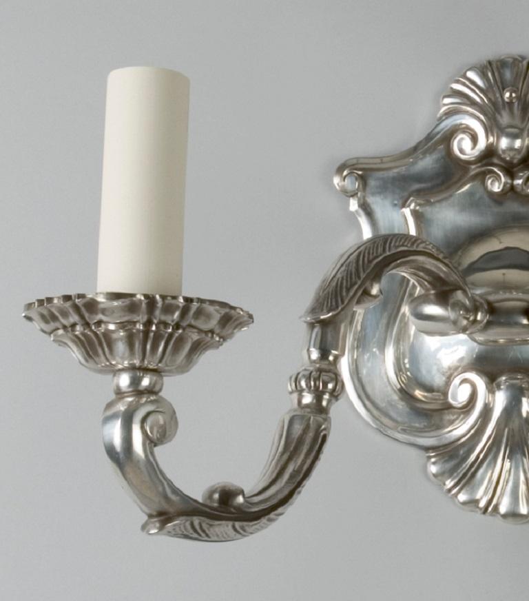 French Silverplate Shield Back Sconces with Rococo Shell Details, Circa 1910 In Good Condition For Sale In New York, NY