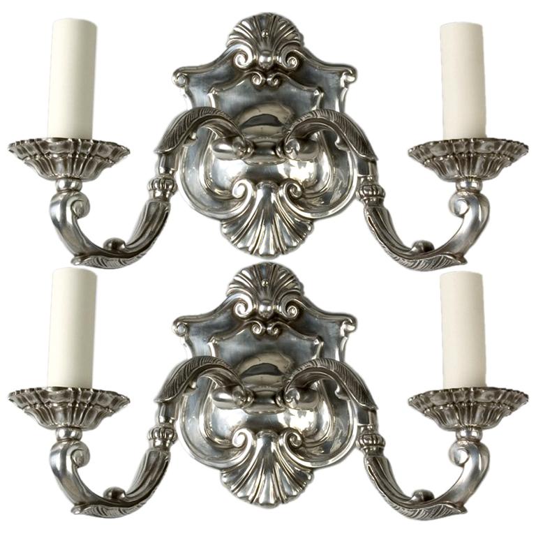 French Silverplate Shield Back Sconces with Rococo Shell Details, Circa 1910 For Sale