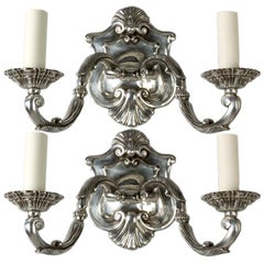 French Silverplate Shield Back Sconces with Rococo Shell Details, Circa 1910