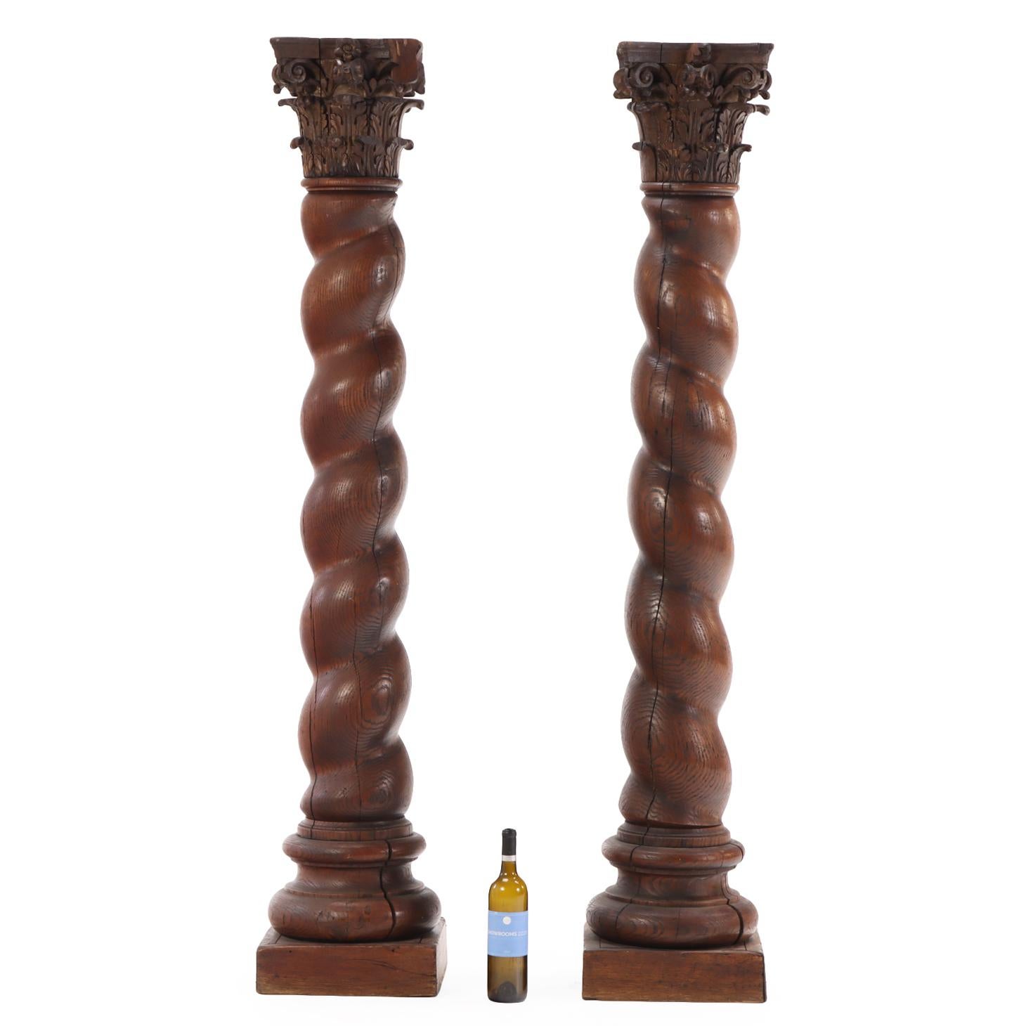 19th Century A Pair of French solid oak barley twist columns, C. 1860. For Sale