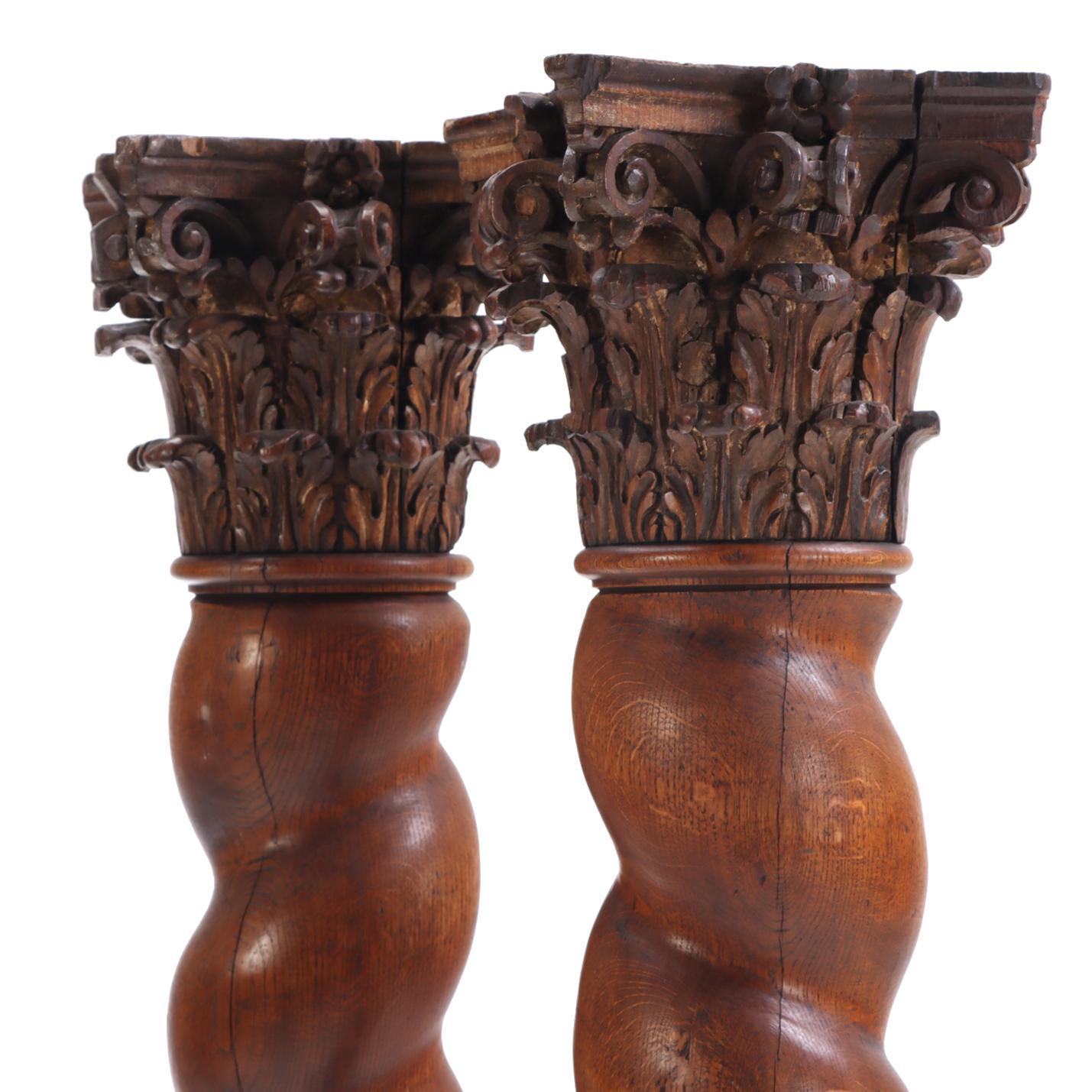 Oak A Pair of French solid oak barley twist columns, C. 1860. For Sale