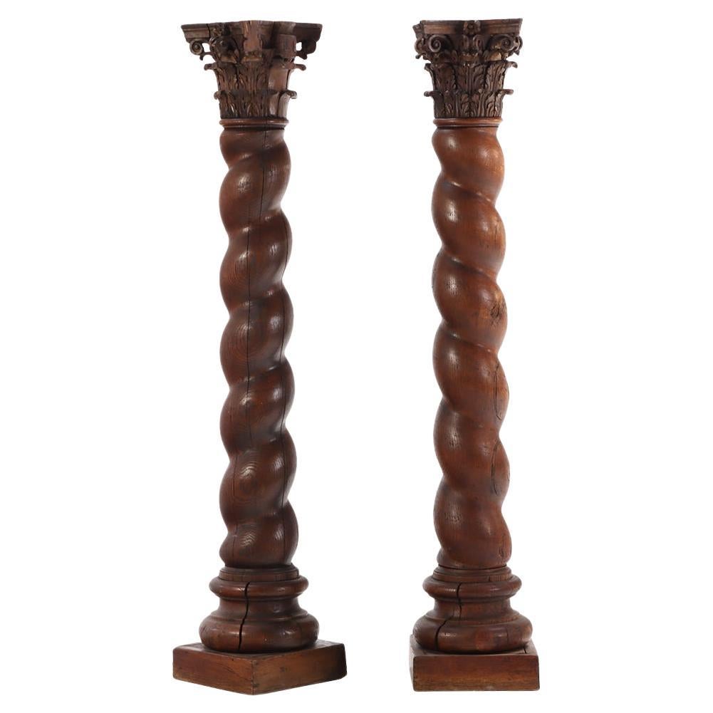 A Pair of French solid oak barley twist columns, C. 1860. For Sale