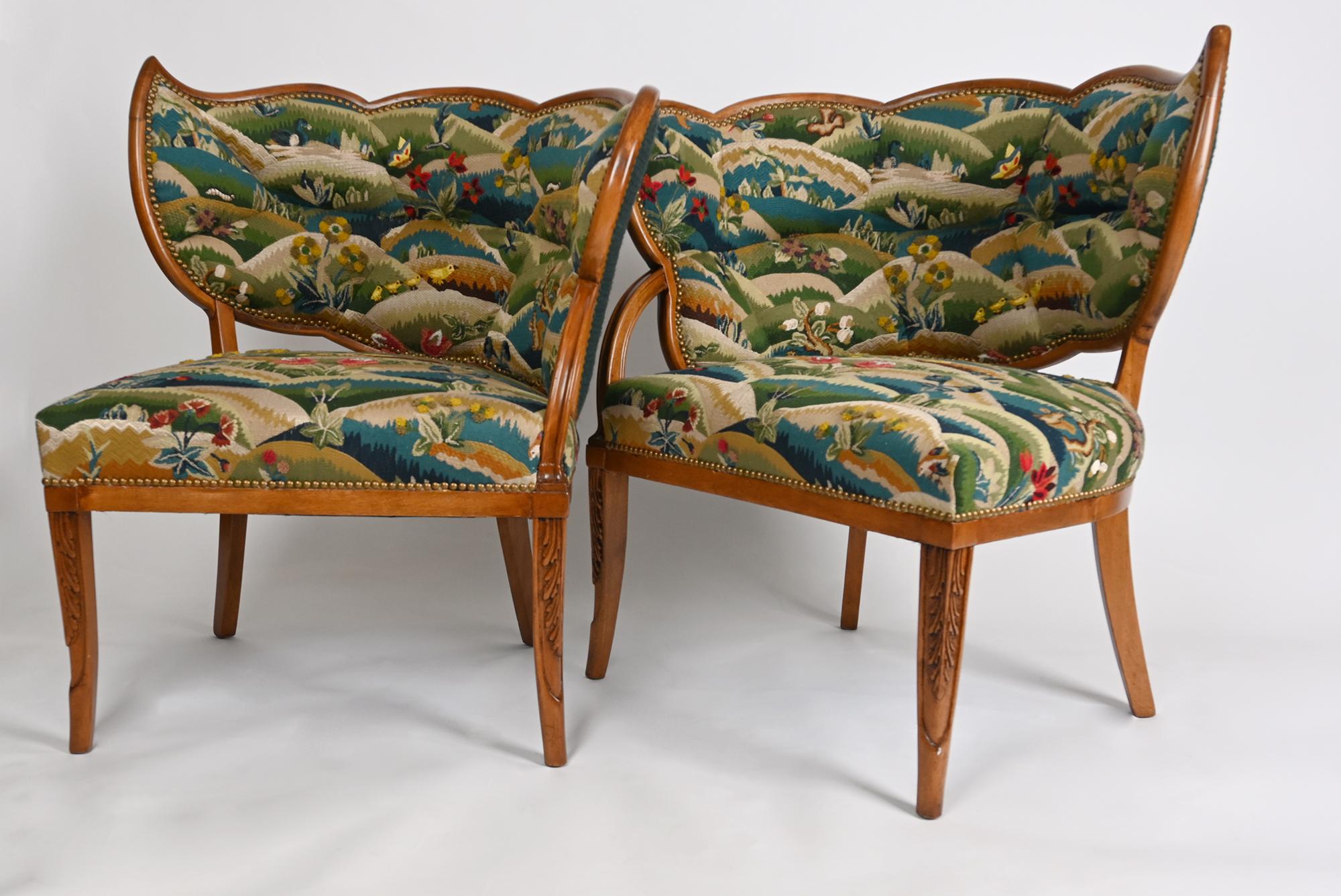 Mid-20th Century A Pair of French Tapestry Upholstered Open Armchairs For Sale