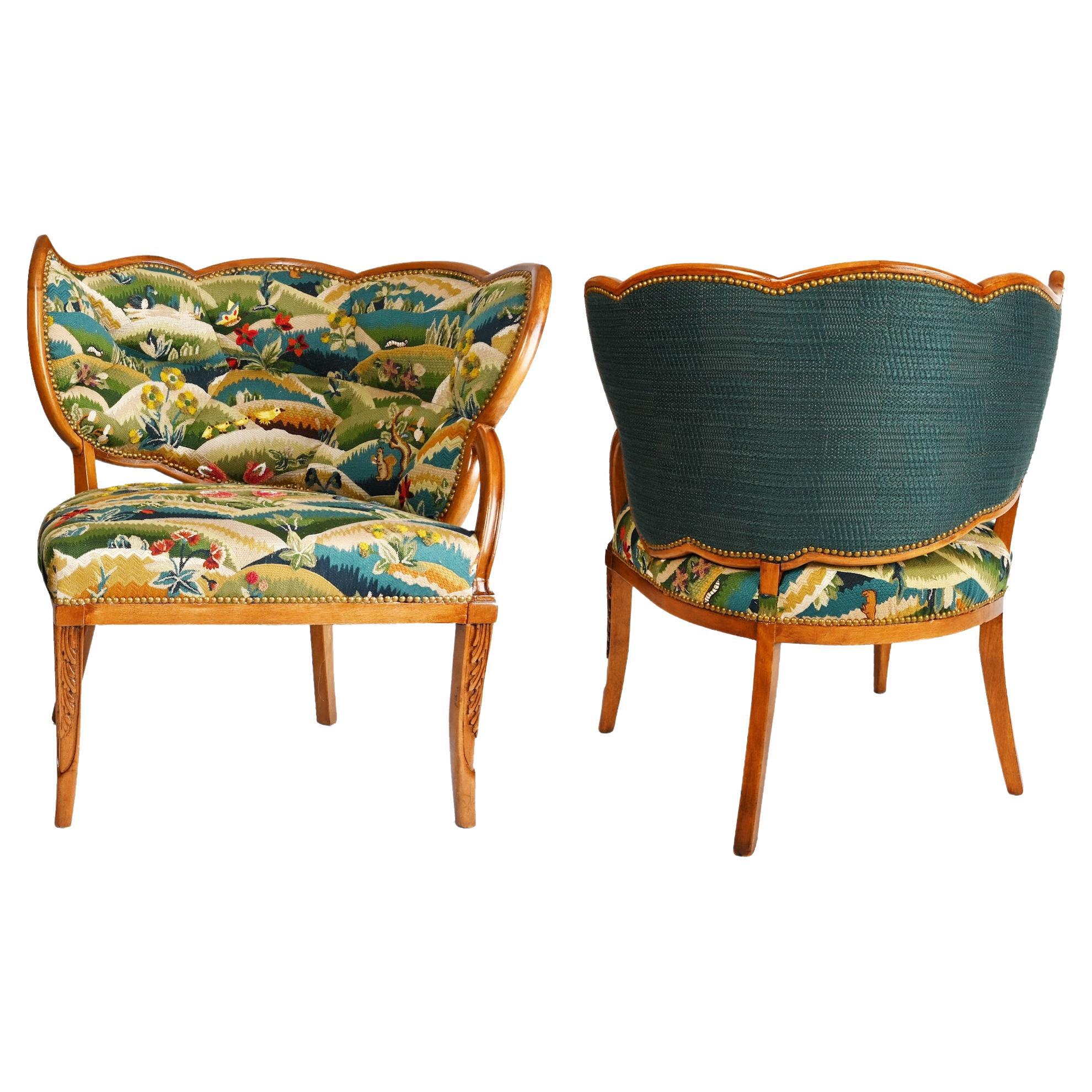 A Pair of French Tapestry Upholstered Open Armchairs For Sale
