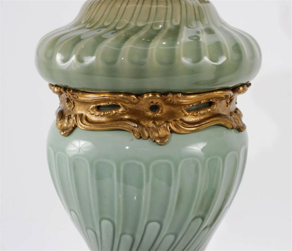 Pair of French Theodore Deck Ormolu-Mounted Celadon Porcelain Lamps 1