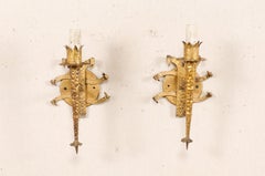 Pair of Gold Torch-Style Hammered Iron Sconces from France