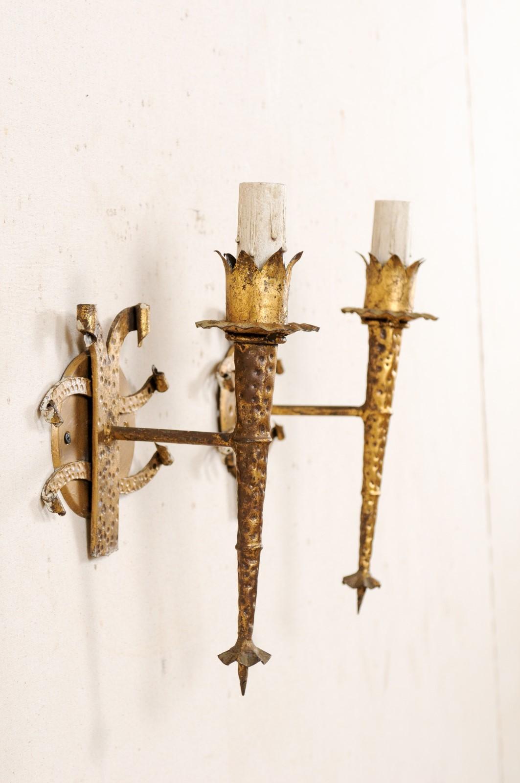 Pair of French Torch-Style Hammered Iron Sconces in Gold Tone For Sale 2