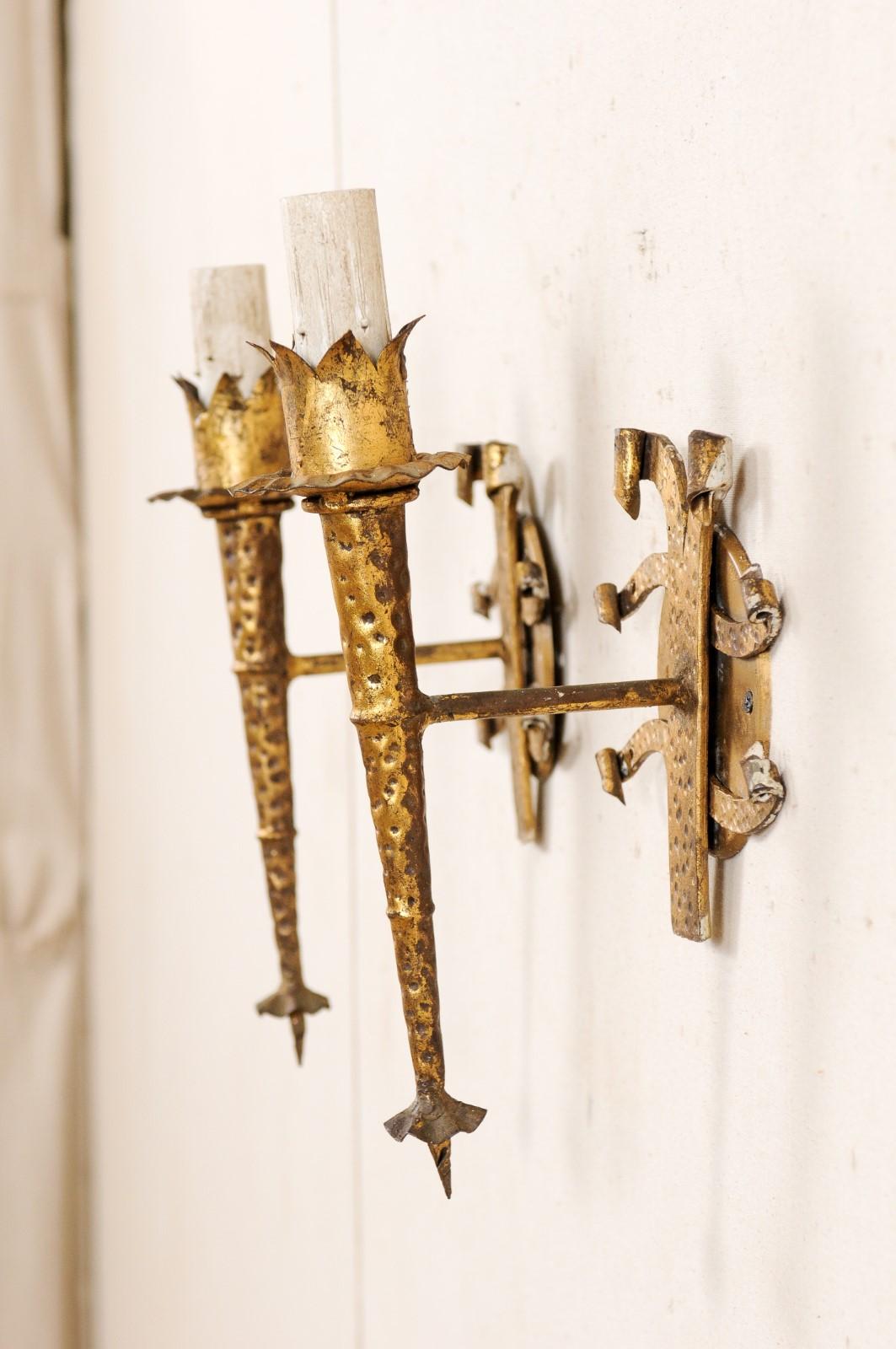 Pair of French Torch-Style Hammered Iron Sconces in Gold Tone For Sale 3