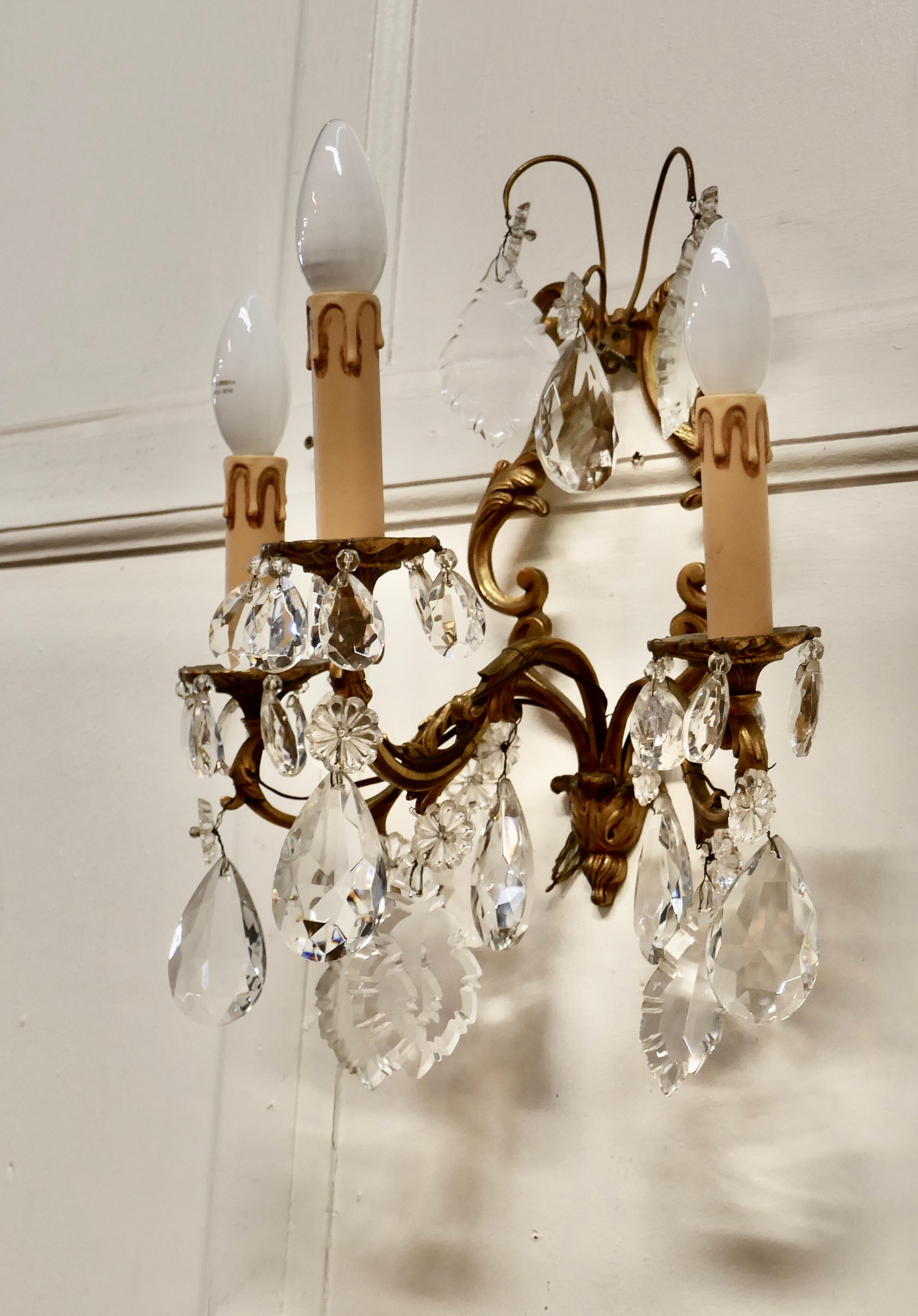 Pair of French Triple Wall Light Chandeliers In Good Condition For Sale In Chillerton, Isle of Wight