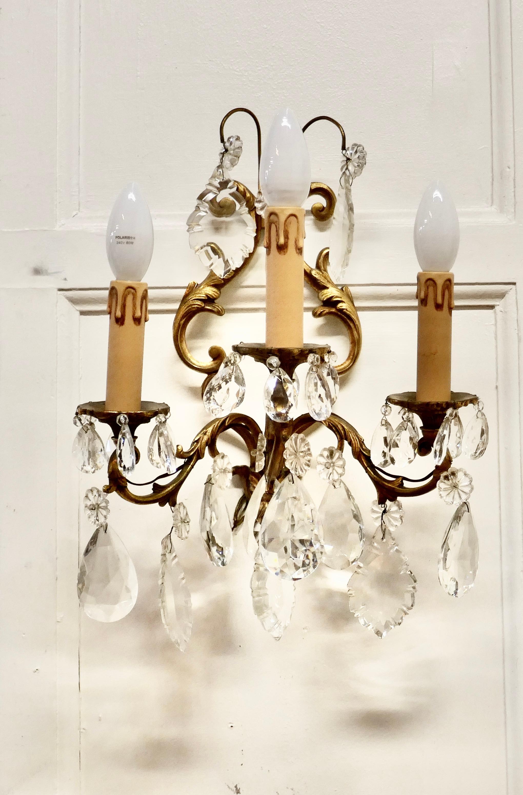 Crystal Pair of French Triple Wall Light Chandeliers For Sale