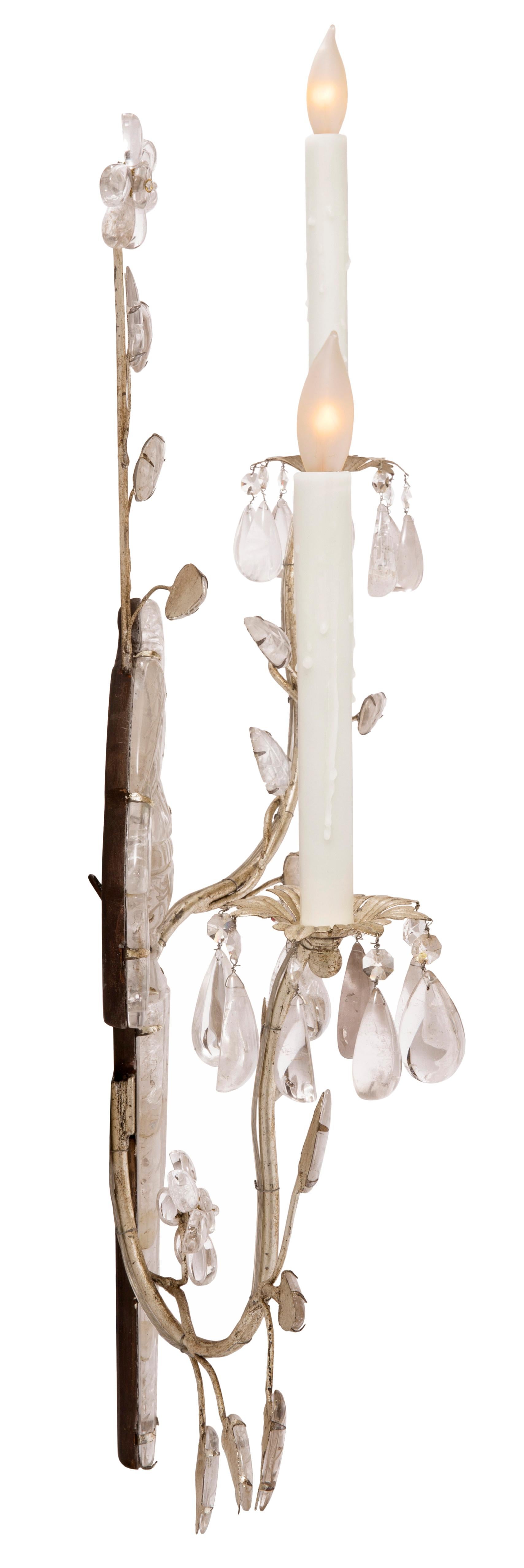 A pair of French turn of the century Louis XVI st. rock crystal sconces In Good Condition For Sale In West Palm Beach, FL