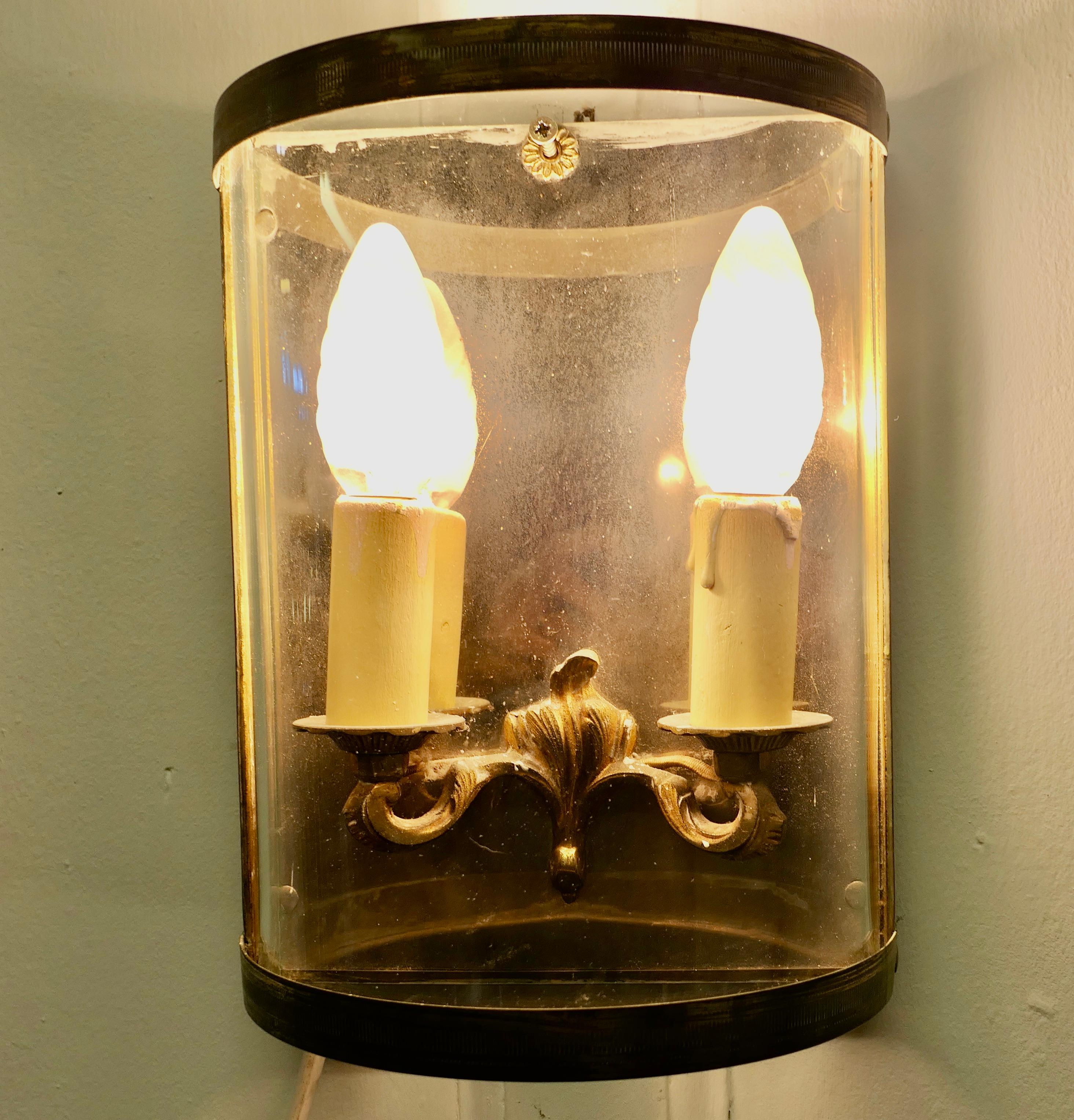 Mid-20th Century Pair of French Twin Light Brass Convex Wall Lanterns a Lovely Pai For Sale