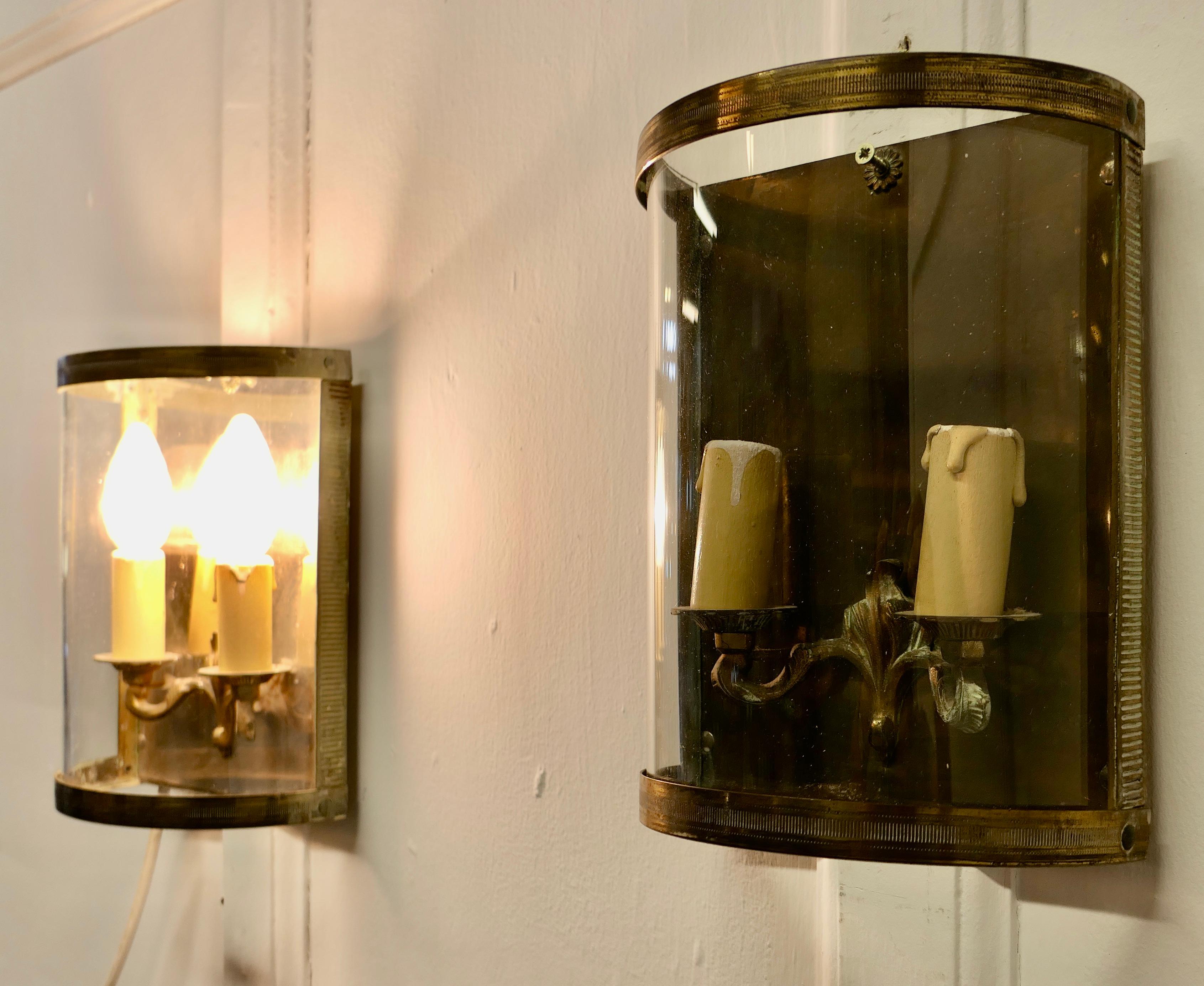 Pair of French Twin Light Brass Convex Wall Lanterns a Lovely Pai For Sale 1
