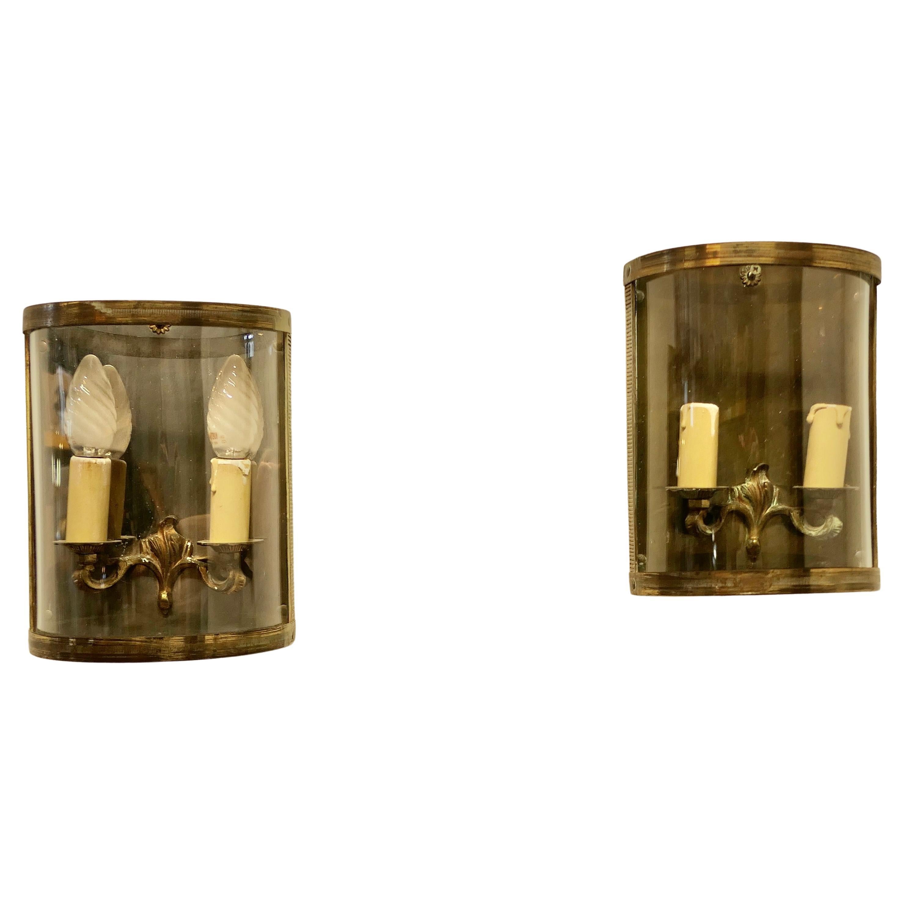 Pair of French Twin Light Brass Convex Wall Lanterns a Lovely Pai For Sale