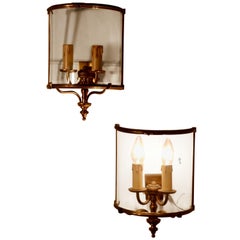 Antique Pair of French Twin Light Brass Convex Wall Lanterns