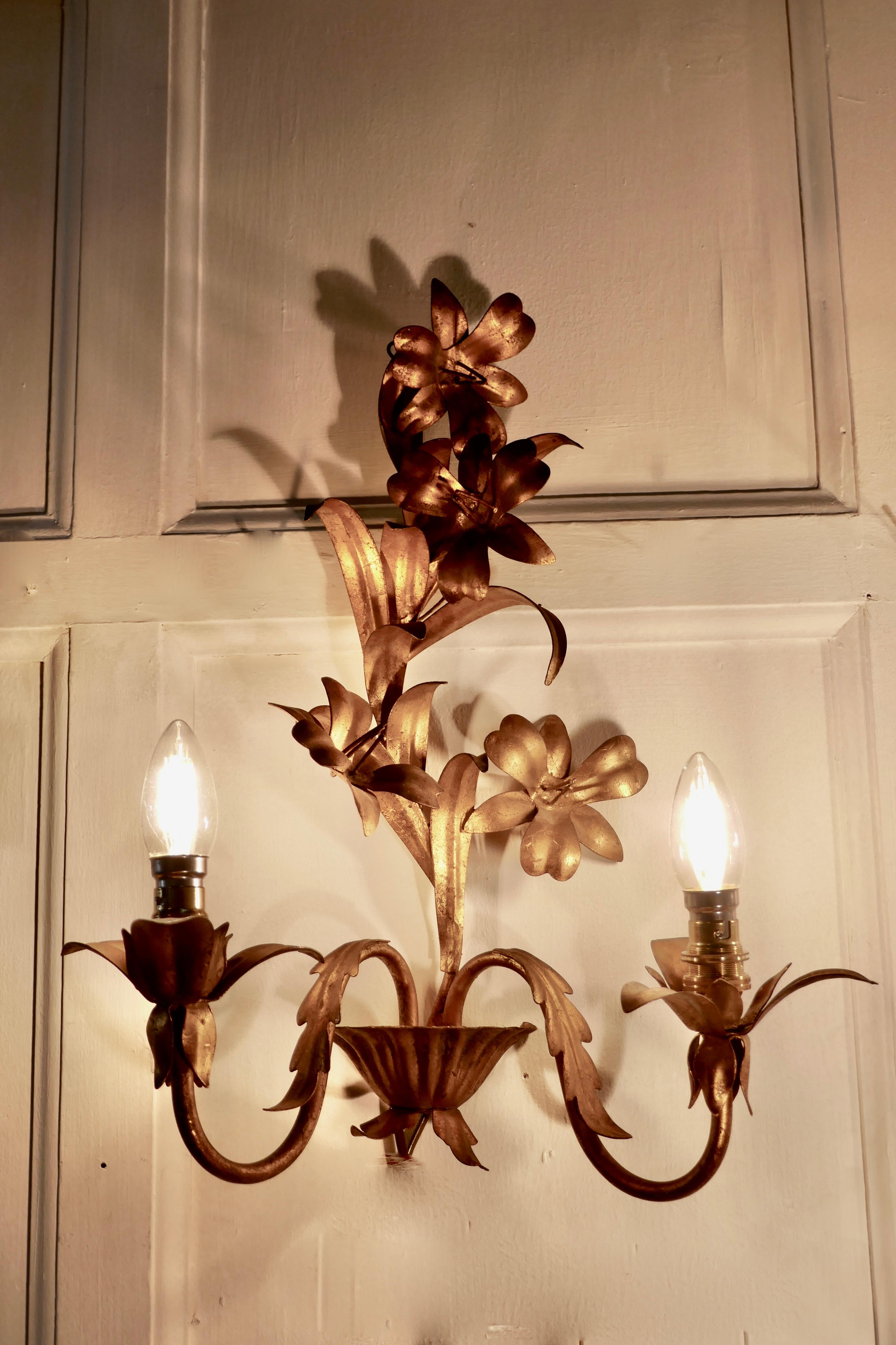 French Provincial Pair of French Two Branch Toleware Gilded Wall Lights