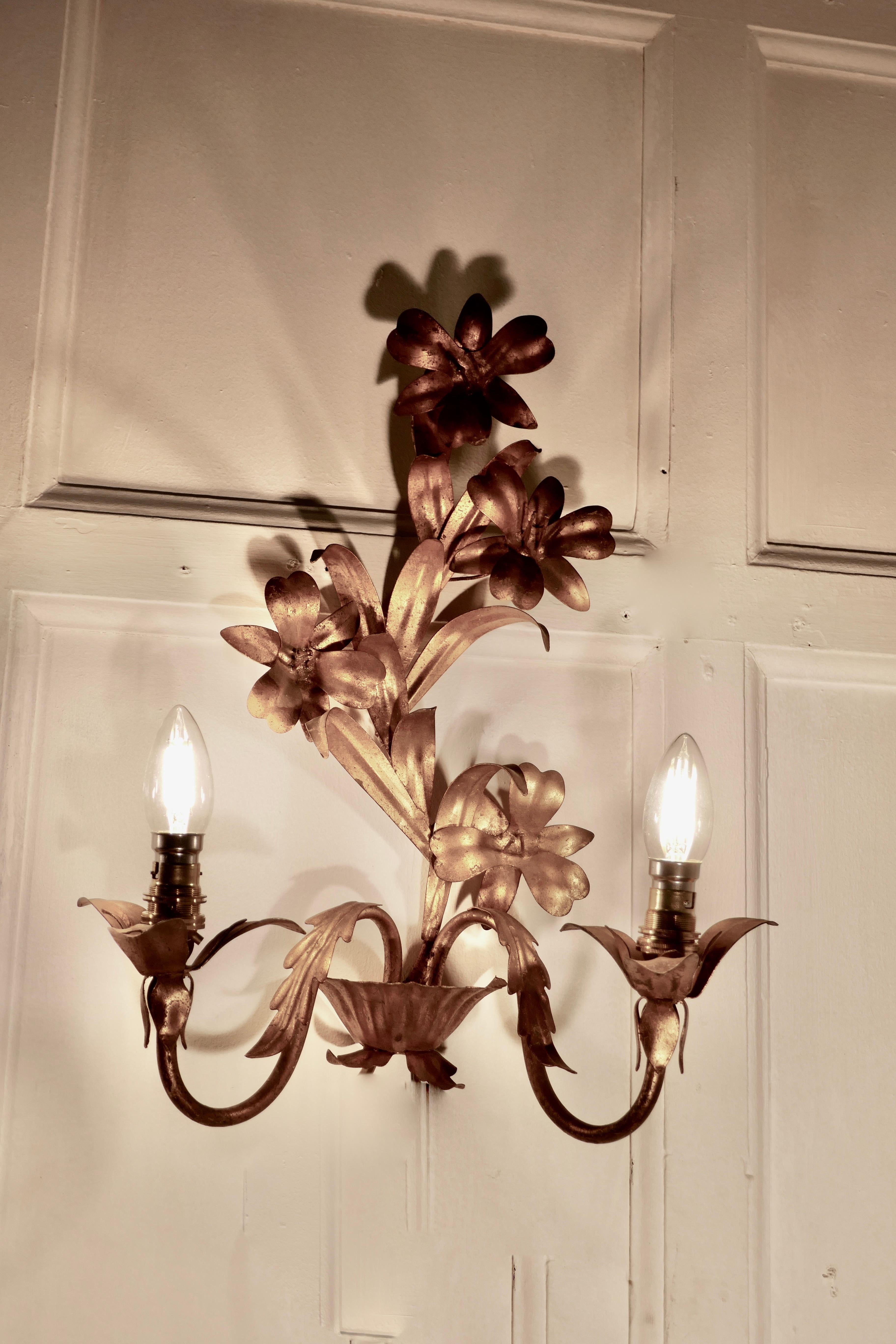 20th Century Pair of French Two Branch Toleware Gilded Wall Lights