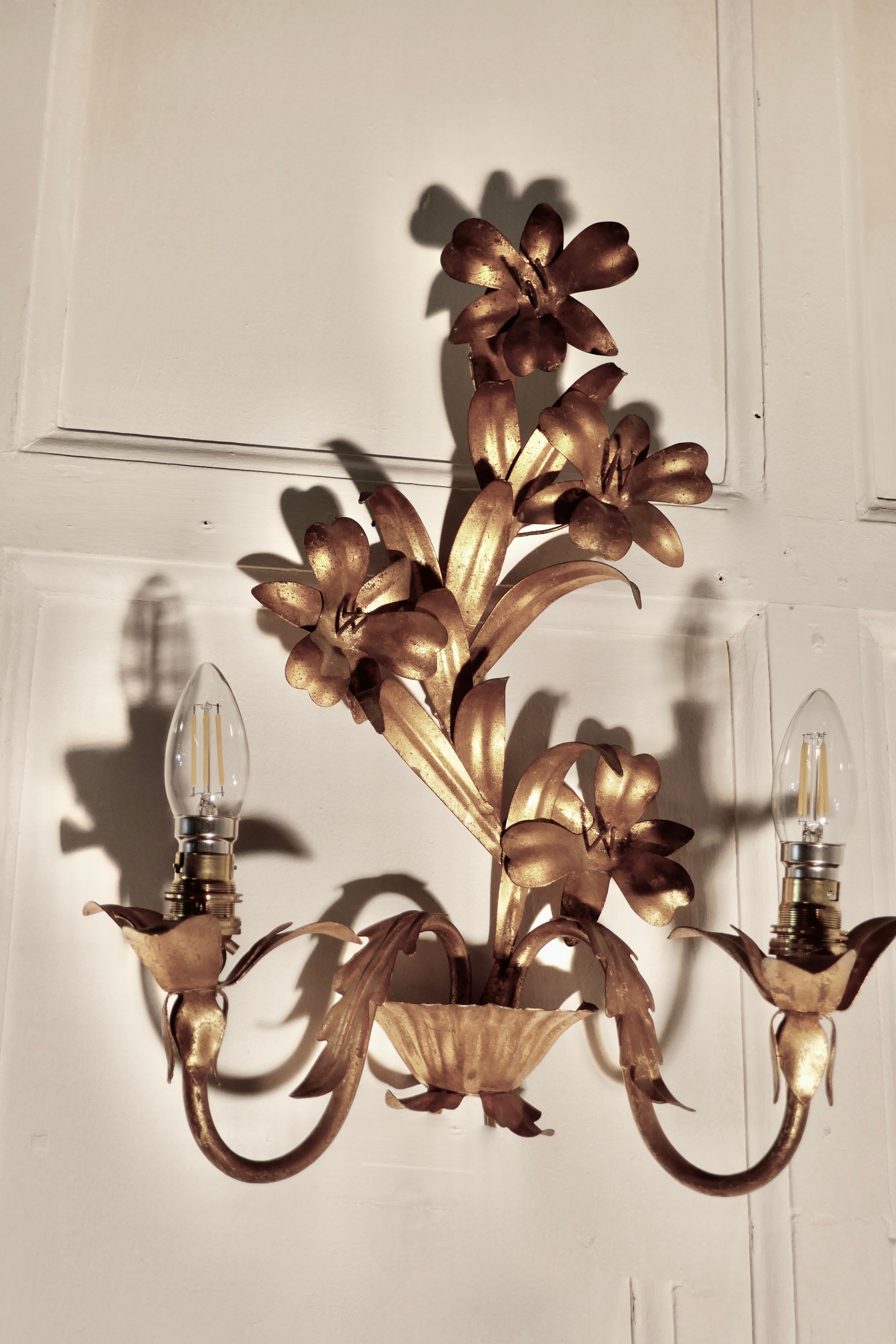 Tin Pair of French Two Branch Toleware Gilded Wall Lights