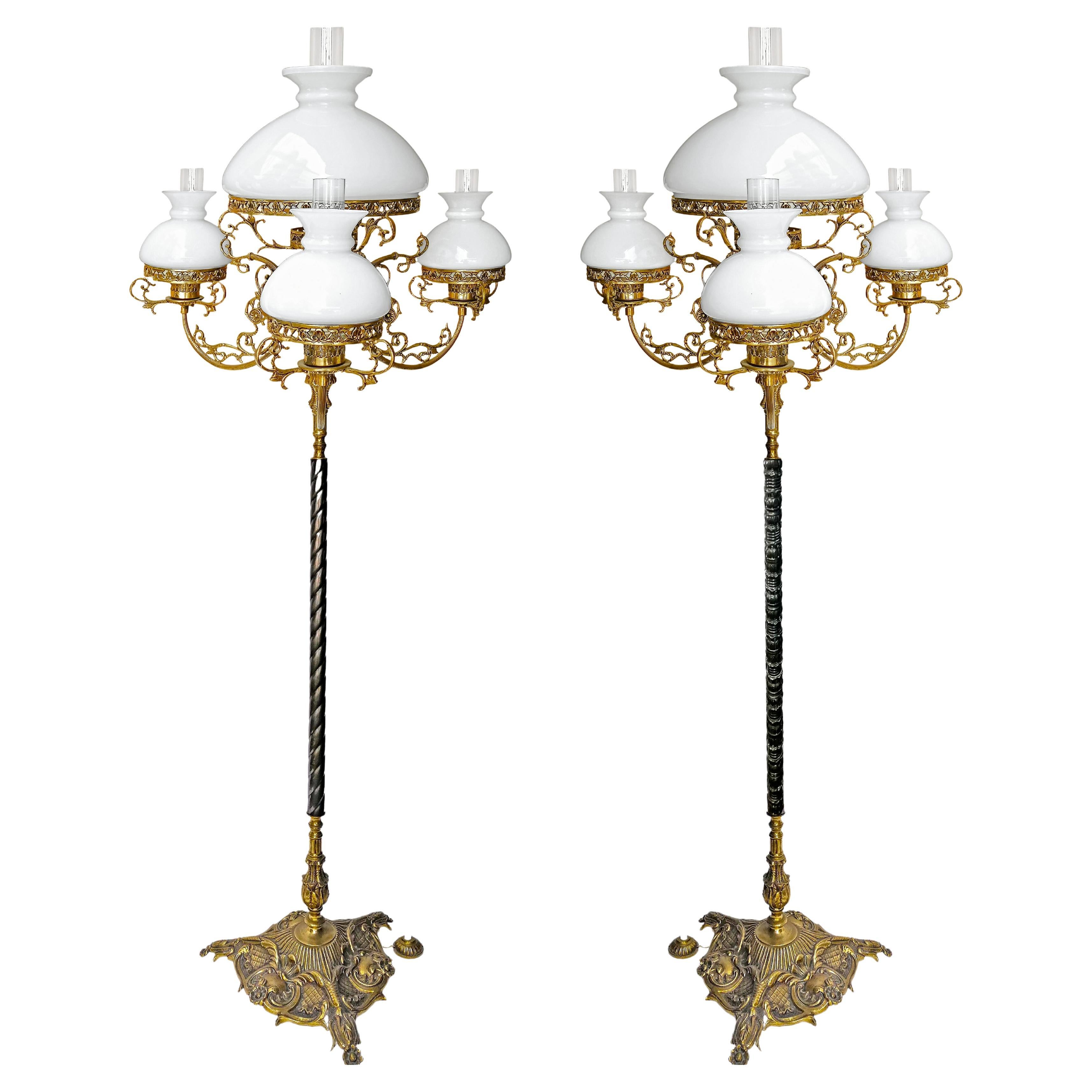 Pair of French Victorian Oil Floor Lamps in Ornate Gilt Bronze & Opaline Glass For Sale