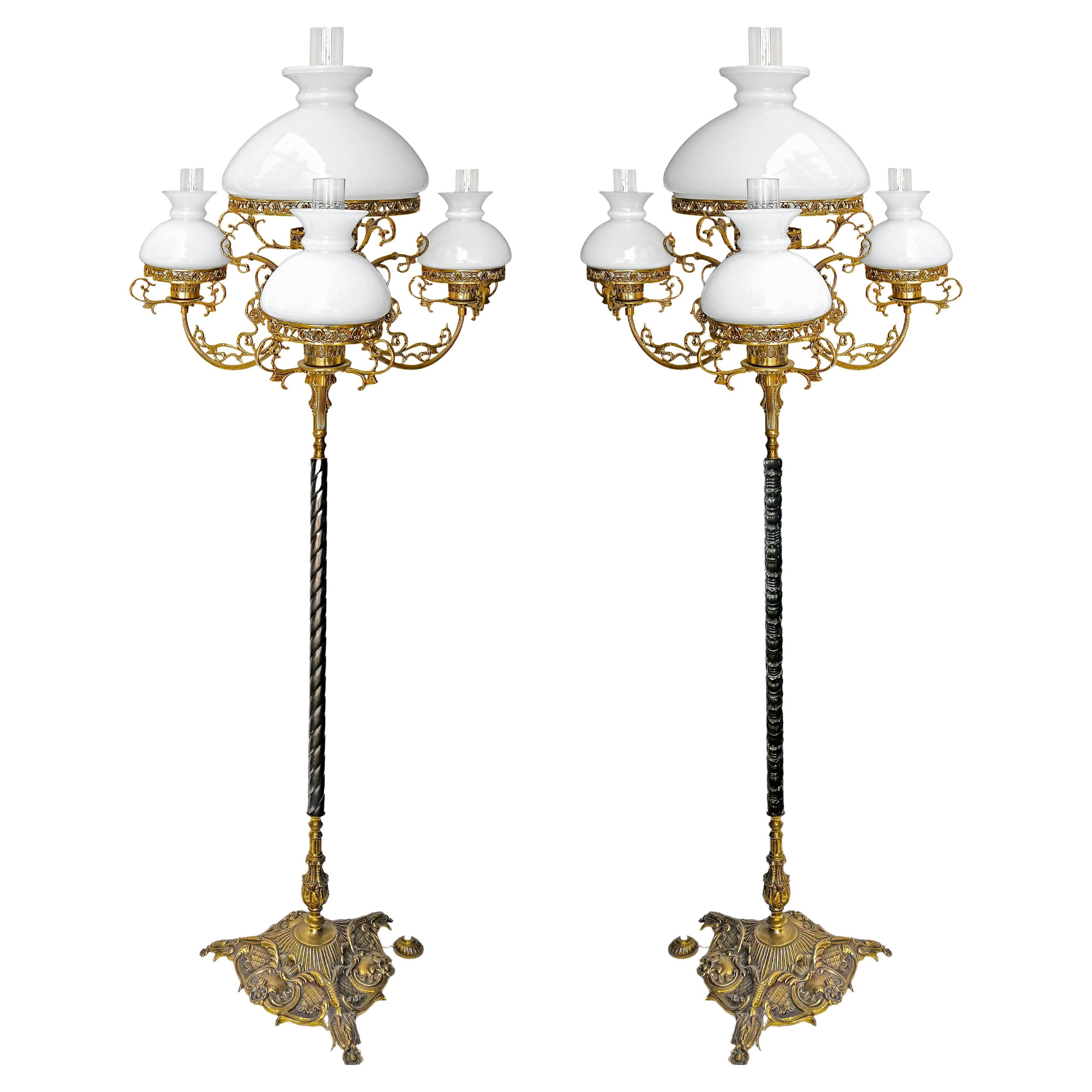 Pair of French Victorian Oil Floor Lamps in Ornate Gilt Bronze & Opaline Glass