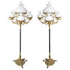 Antique Pair of French Victorian Oil Floor Lamps in Ornate Gilt Bronze & Opaline Glass