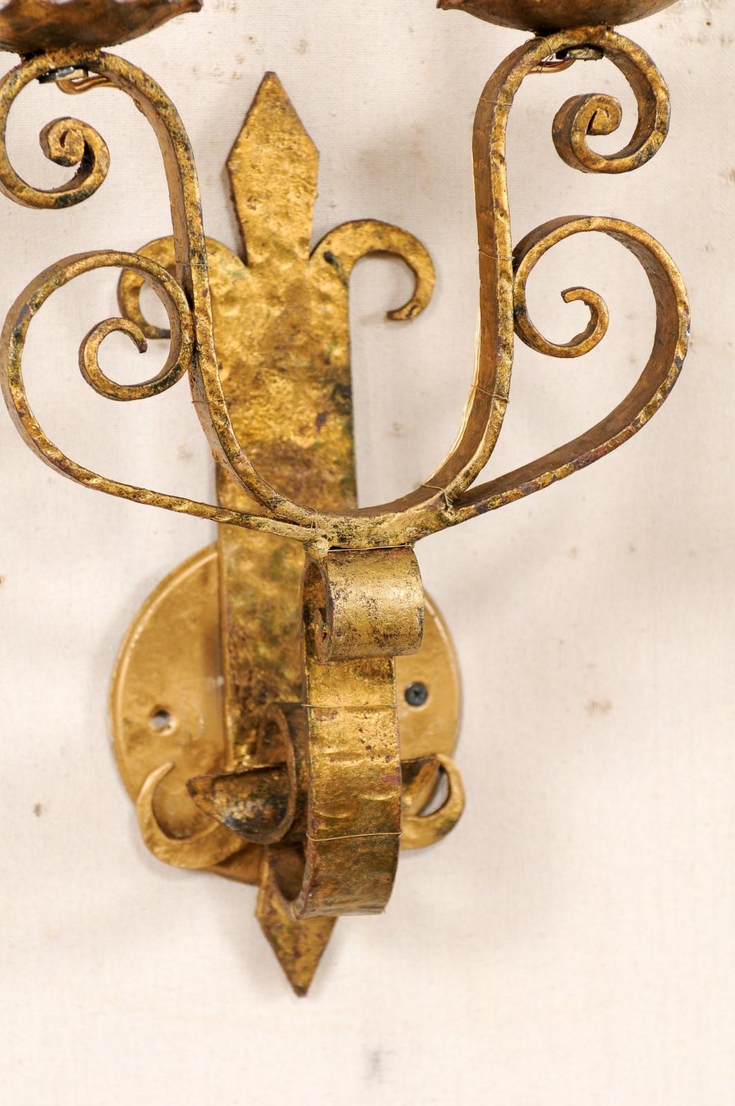 Pair of French Vintage Fleur-de-lys Gold Tone Iron Scroll Sconces For Sale 4