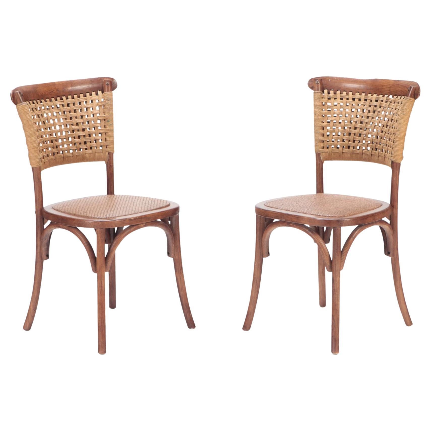 Pair of French Vintage Oak Side Chairs with Rattan Backs and Seats For Sale