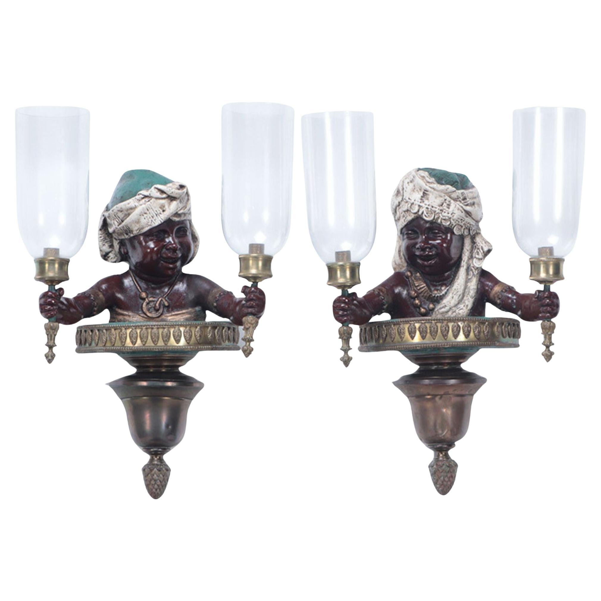 Pair of French Vintage Patinated Brass Figural Wall Sconces, 19th Century