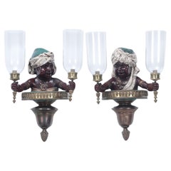 Pair of French Antique Patinated Brass Figural Wall Sconces, 19th Century
