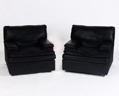 Pair of French Vintage Roche Bobois Black Leather Club Chairs, circa 1970s
