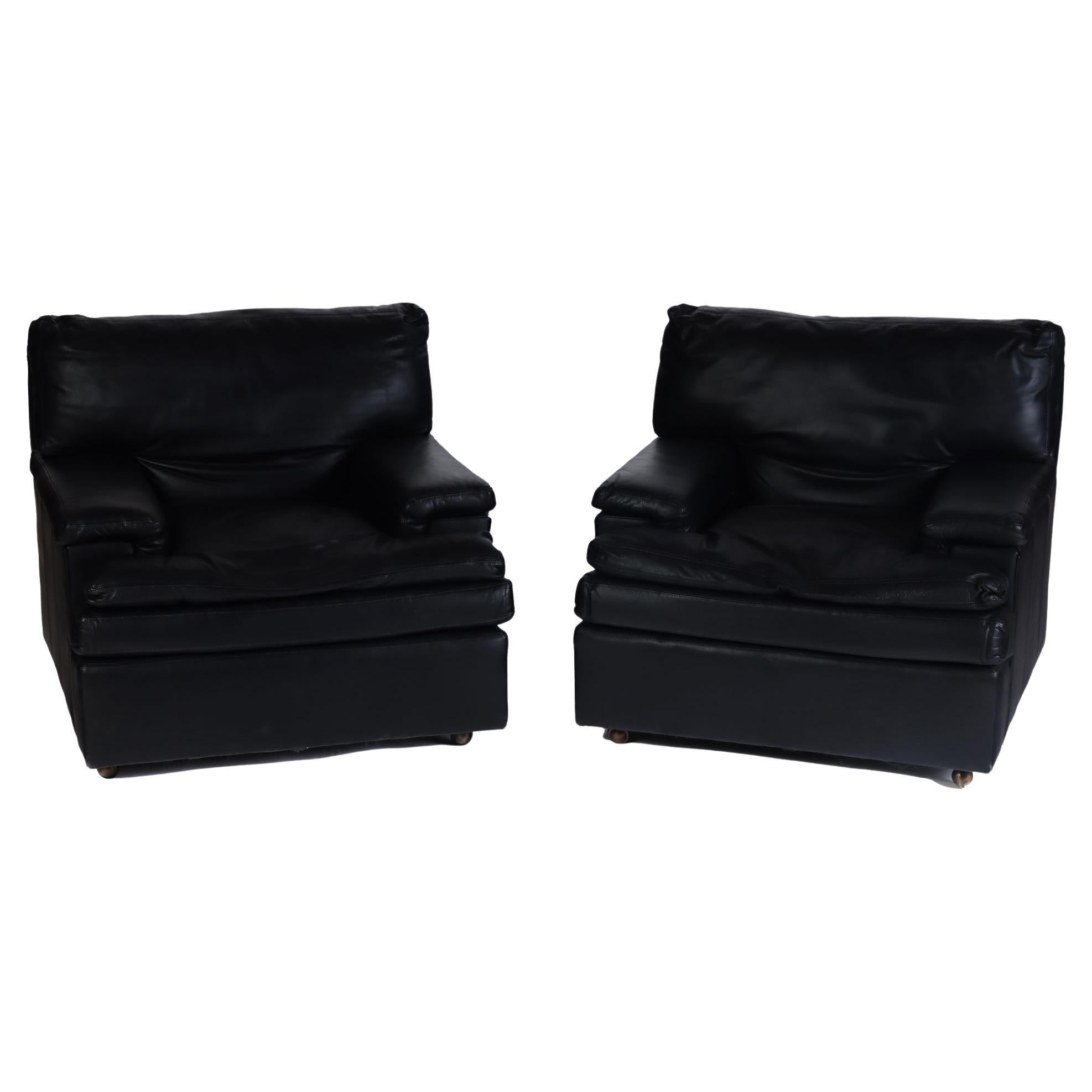 Pair of French Vintage Roche Bobois Black Leather Club Chairs, circa 1970s