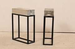 Pair of French Vintage Side or End Table Metal Bank Boxes on Custom Stands