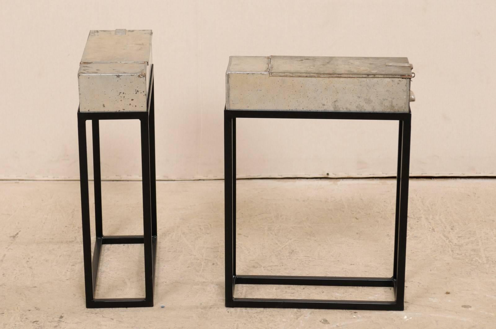 Pair of French Vintage Side or End Table Metal Bank Boxes on Custom Stands In Good Condition In Atlanta, GA