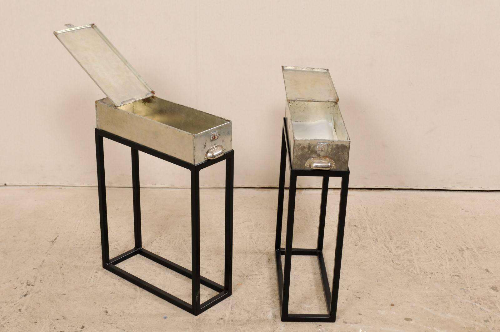 20th Century Pair of French Vintage Side or End Table Metal Bank Boxes on Custom Stands