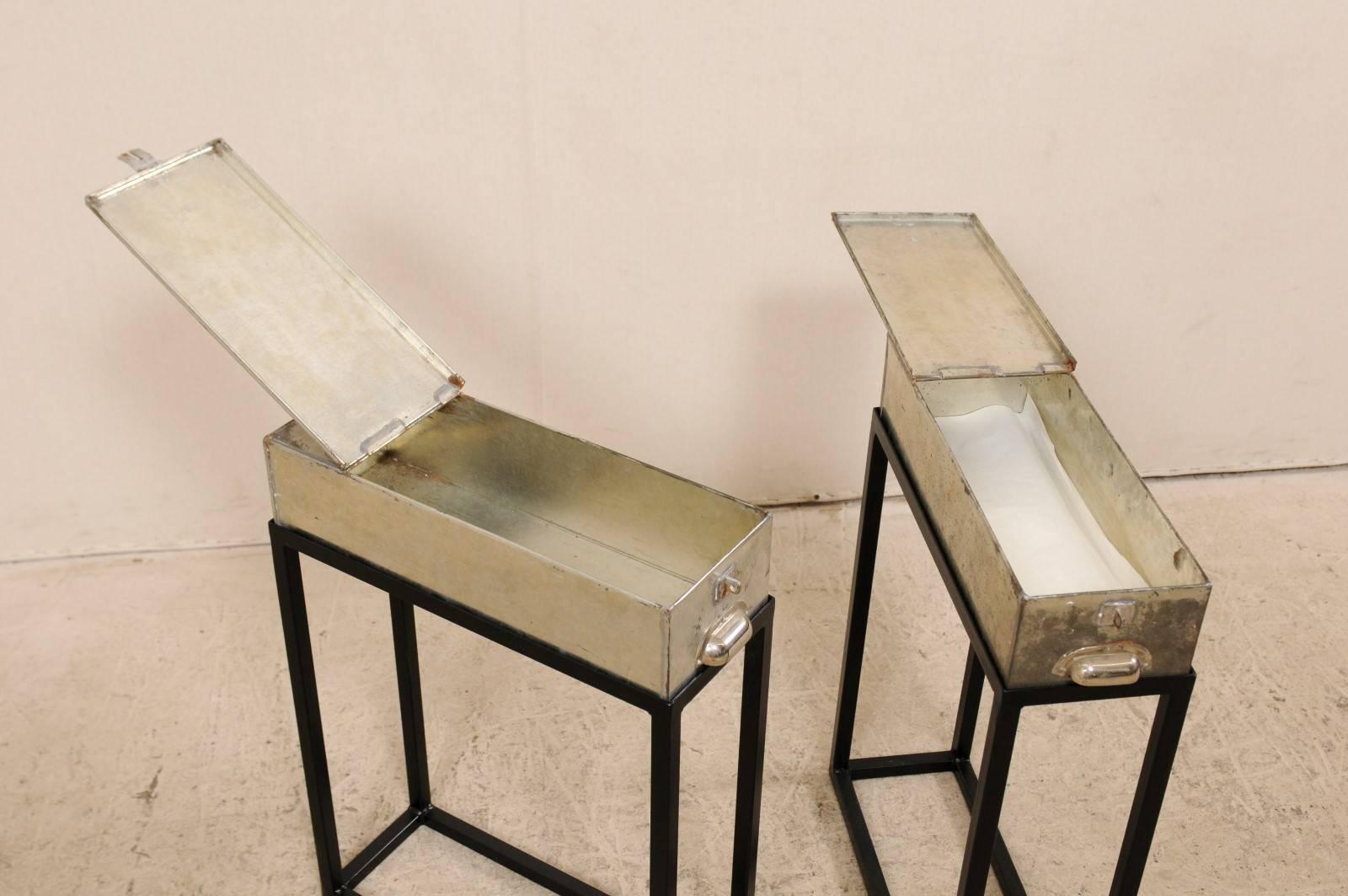 Pair of French Vintage Side or End Table Metal Bank Boxes on Custom Stands 1