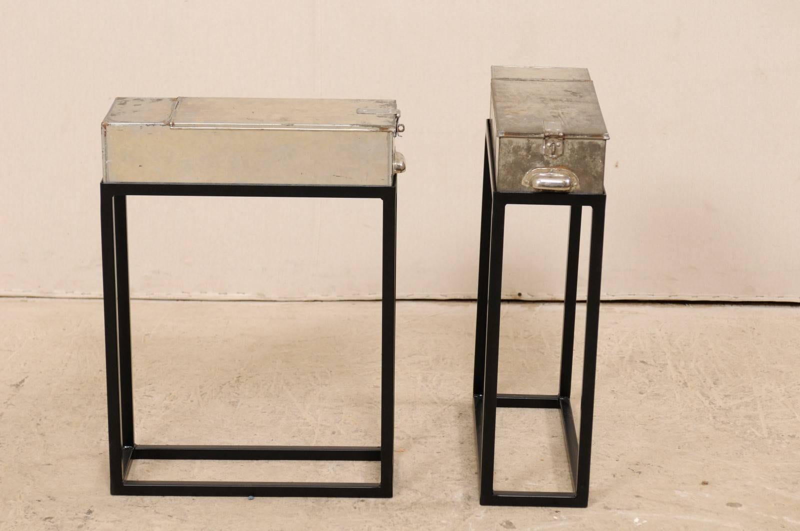 Pair of French Vintage Side or End Table Metal Bank Boxes on Custom Stands 2