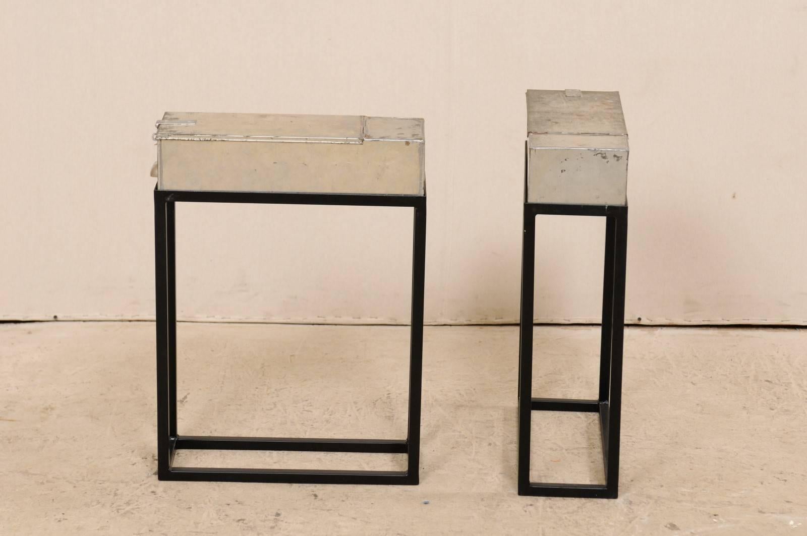 Pair of French Vintage Side or End Table Metal Bank Boxes on Custom Stands 3