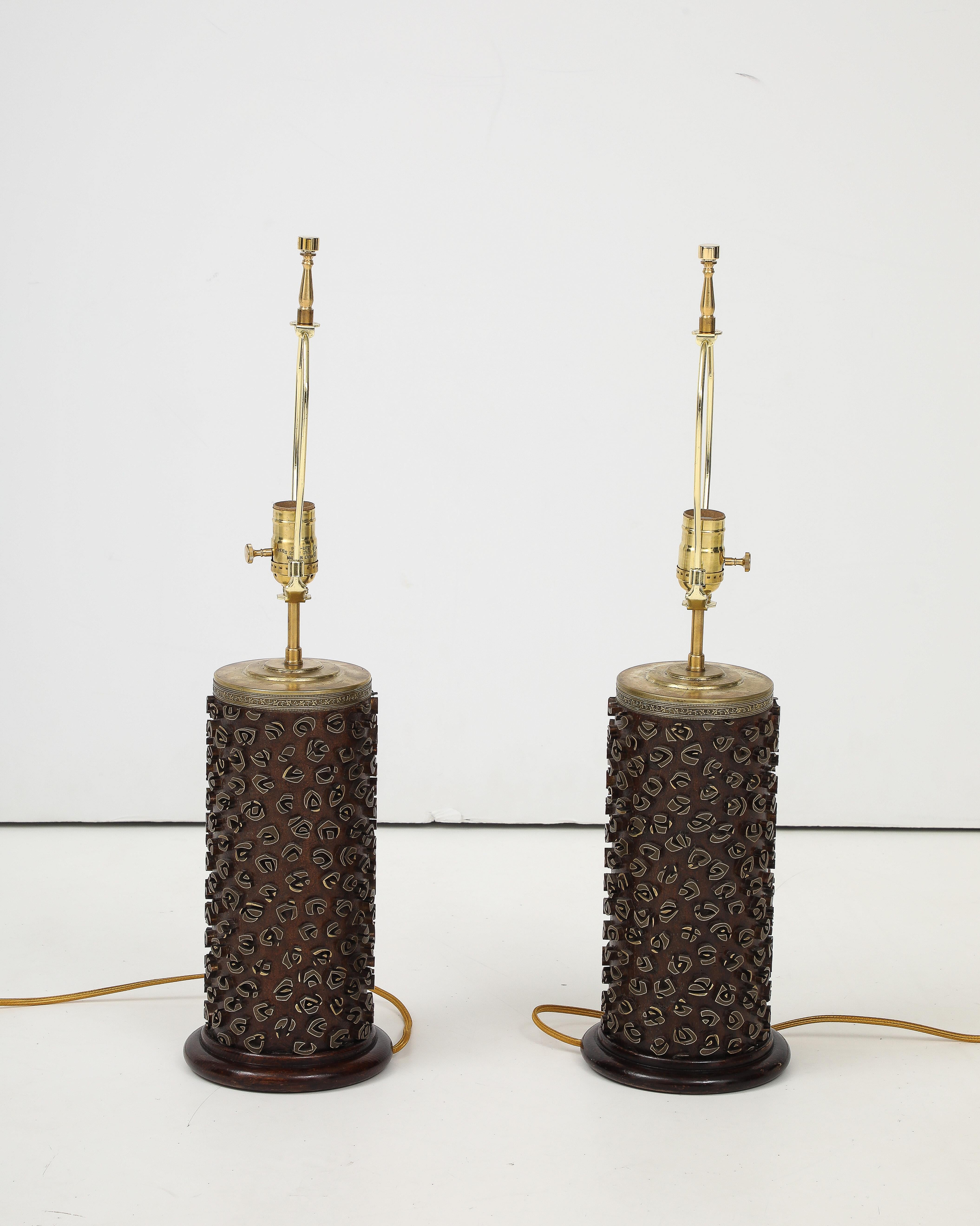 A pair of French walnut and brass table lamps, made from antique wallpaper print rollers. Re-wired for US. New shades.  9in.-base diam