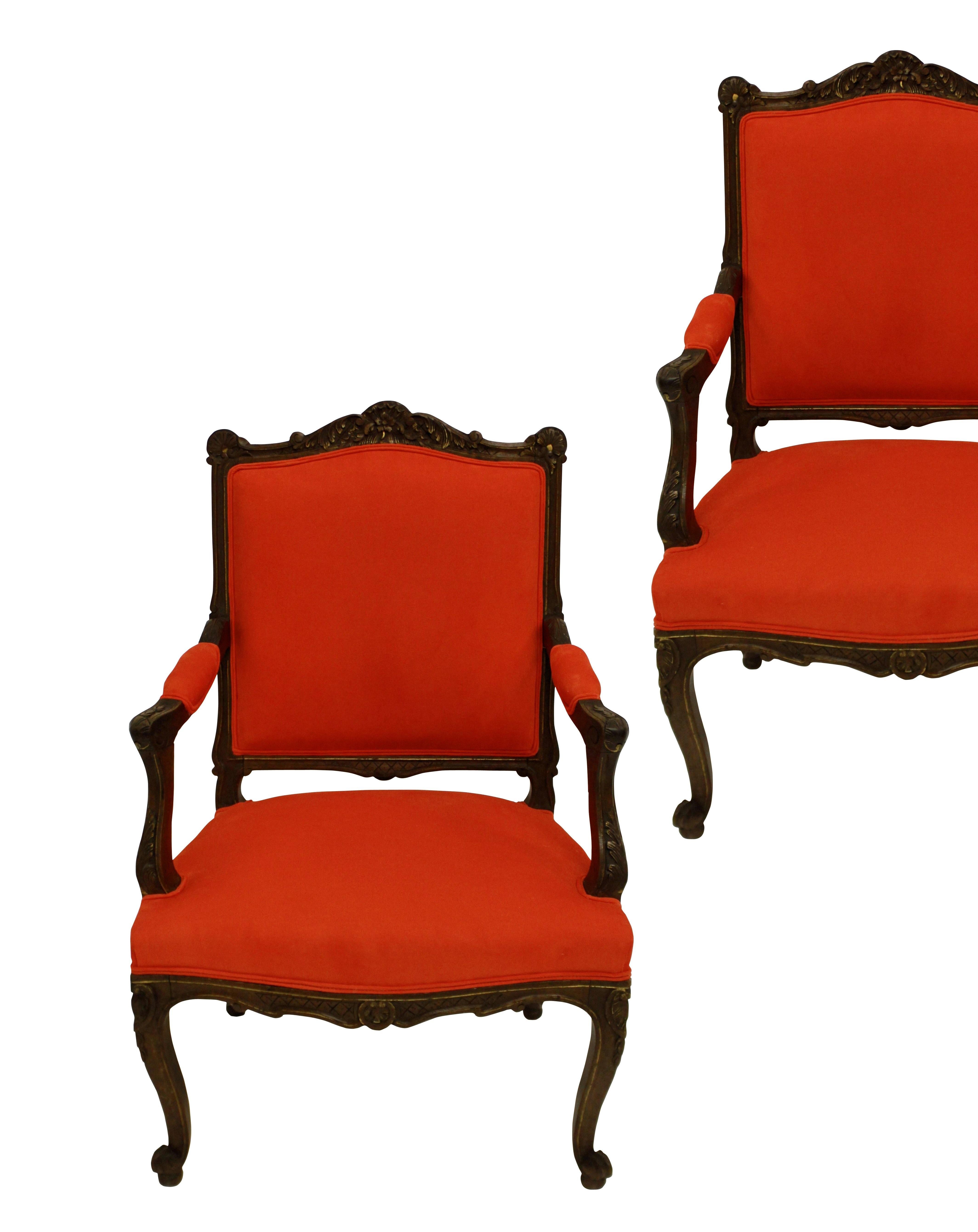 Early 19th Century Pair of French Walnut Armchairs in Burnt Orange Corduroy