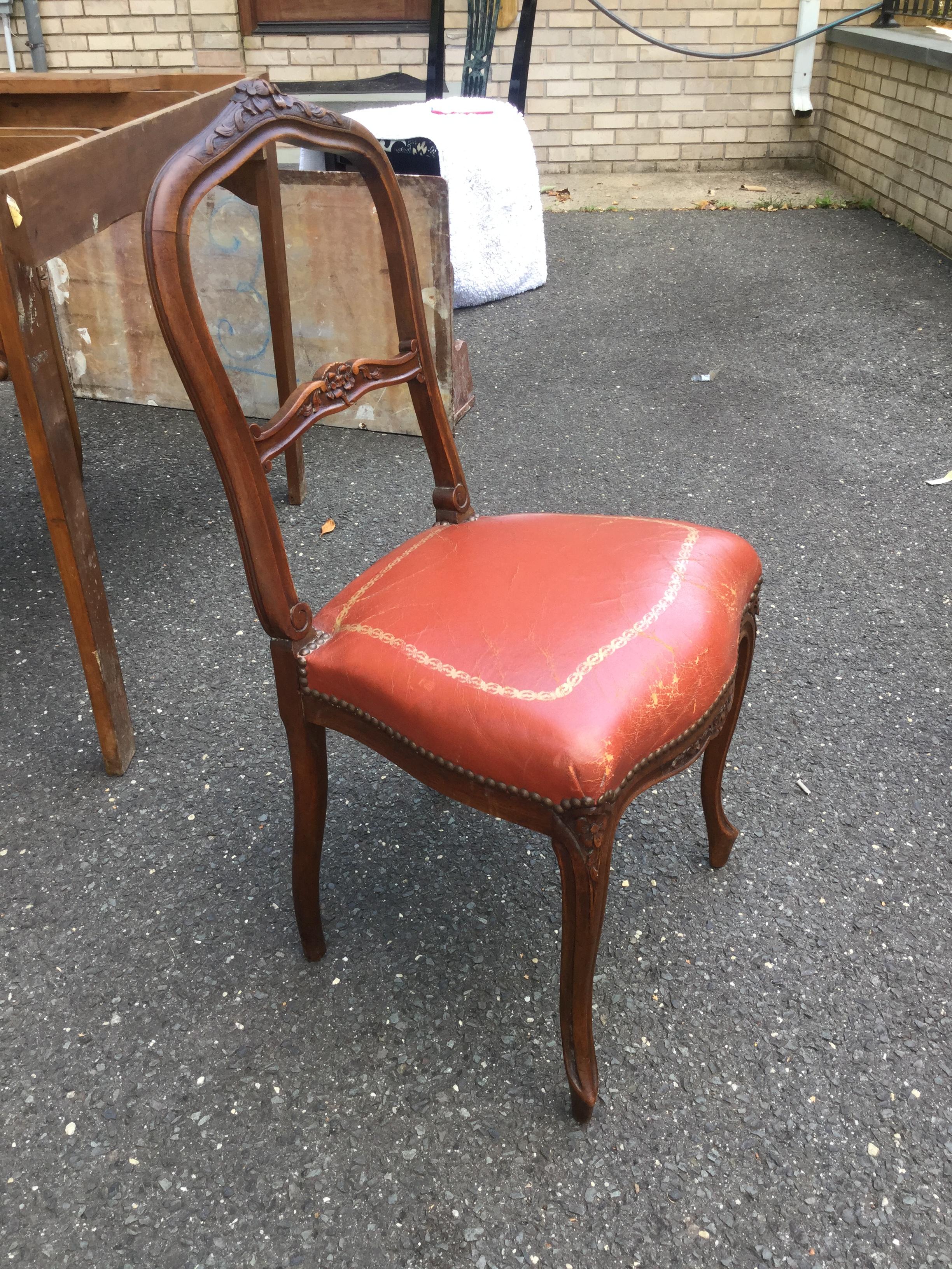 Carved Pair of French Walnut & Leather Boudoir Chairs For Sale