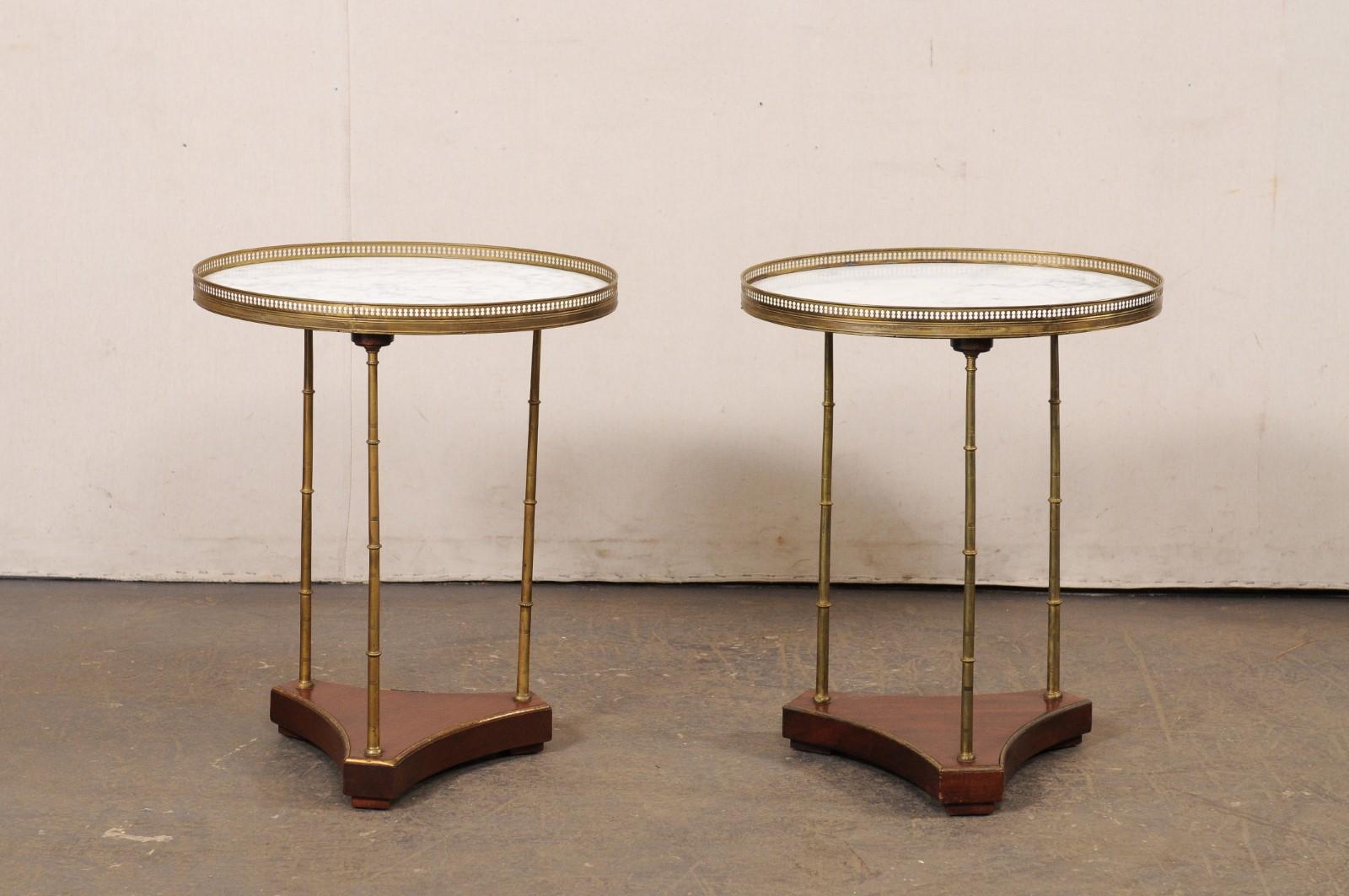 20th Century A Pair of French White Marble & Brass Gallery Top End Tables w/Brass Legs For Sale