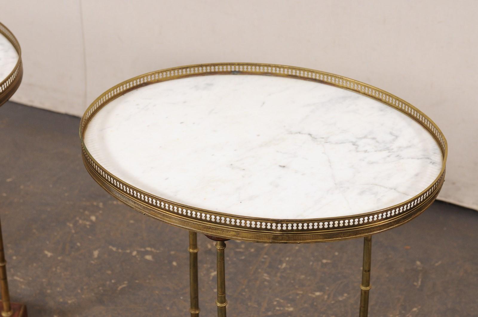 A Pair of French White Marble & Brass Gallery Top End Tables w/Brass Legs For Sale 2