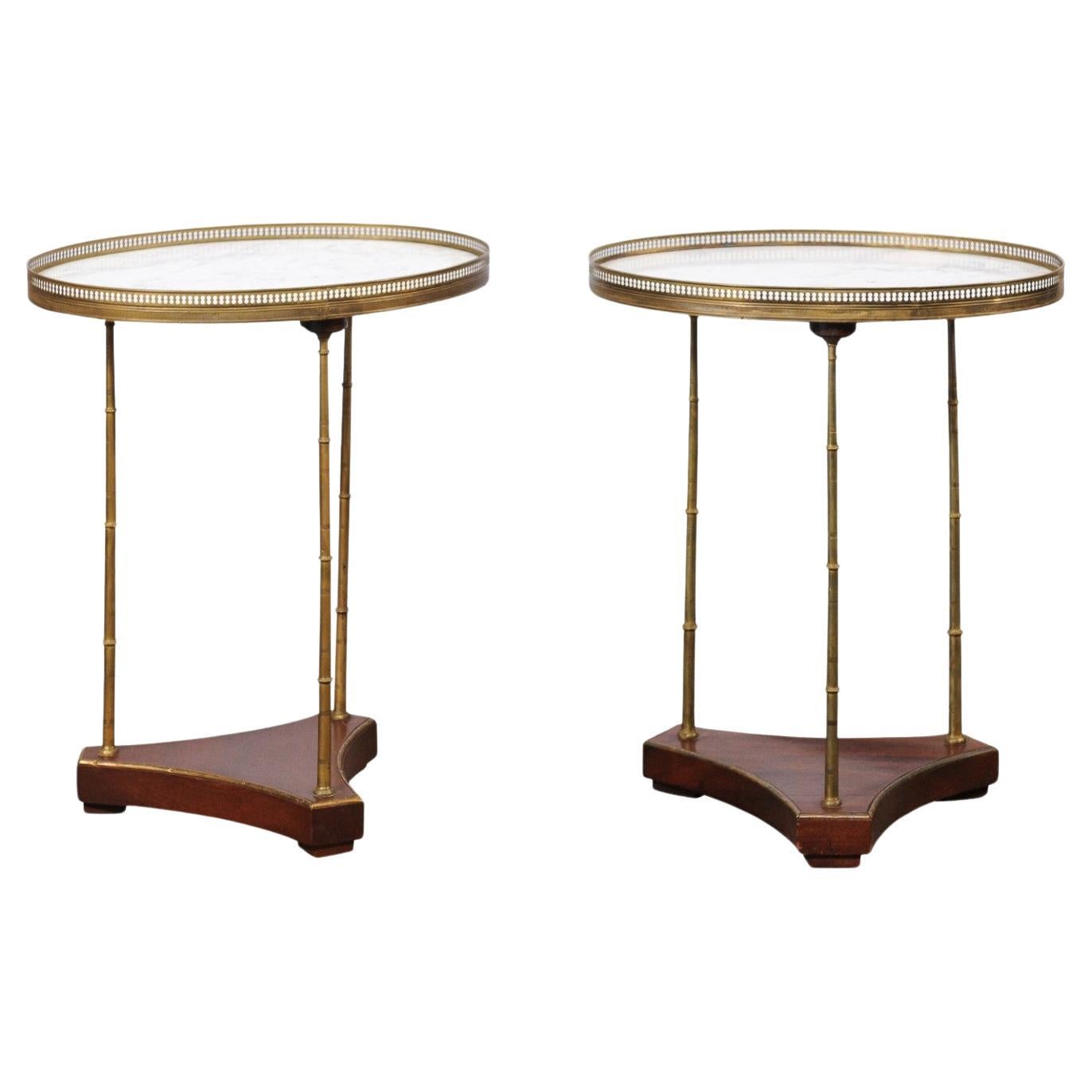 A Pair of French White Marble & Brass Gallery Top End Tables w/Brass Legs For Sale